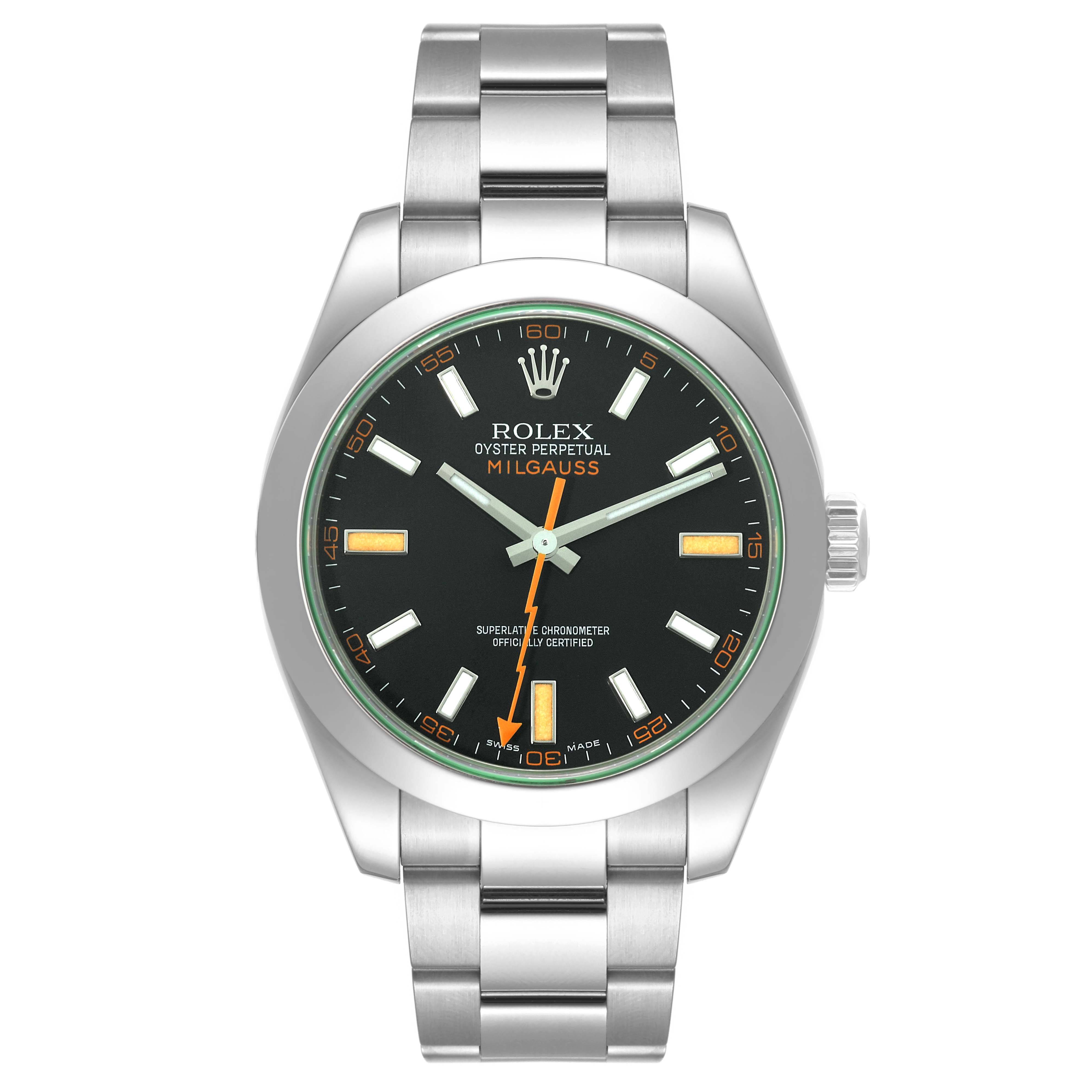 The image shows a front view of the Rolex Milgauss 116400 Men's Stainless Steel Black Dial 116400 Men's Stainless Steel Black Dial watch, displaying the watch face and metal bracelet.