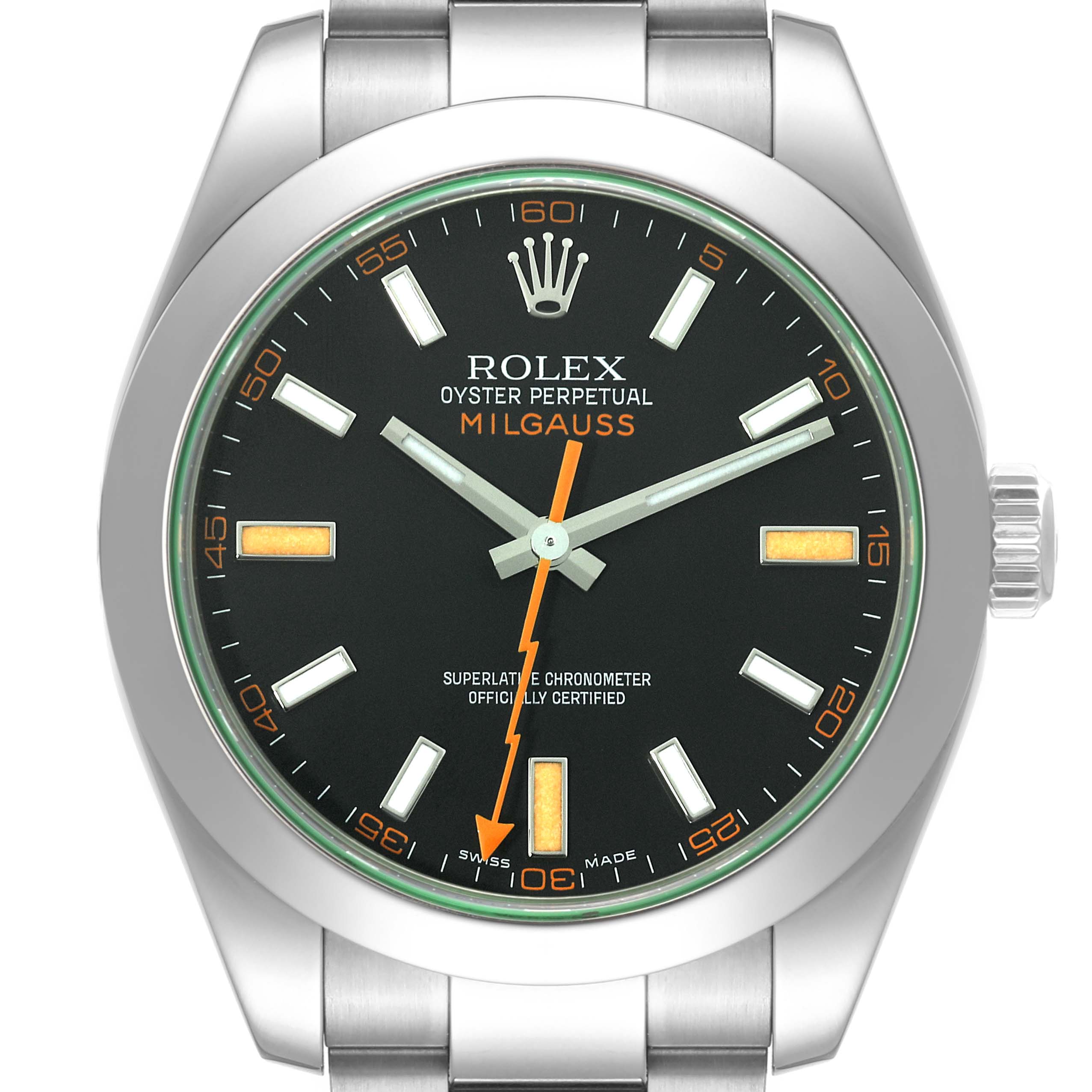 The image shows a front-facing angle of the Rolex Milgauss 116400 Men's Stainless Steel Black Dial 116400 Men's Stainless Steel Black Dial watch, highlighting the dial, hands, and bezel.