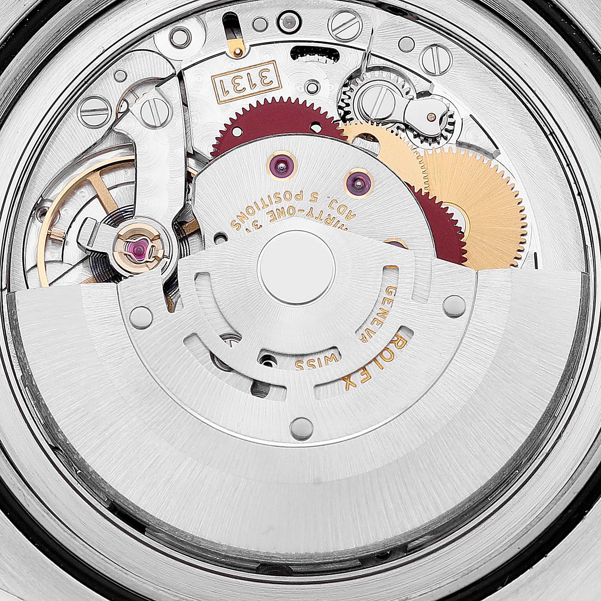 The image shows the movement mechanism of a Rolex Milgauss 116400 Men's Stainless Steel Black Dial 116400 Men's Stainless Steel Black Dial watch viewed from the back.