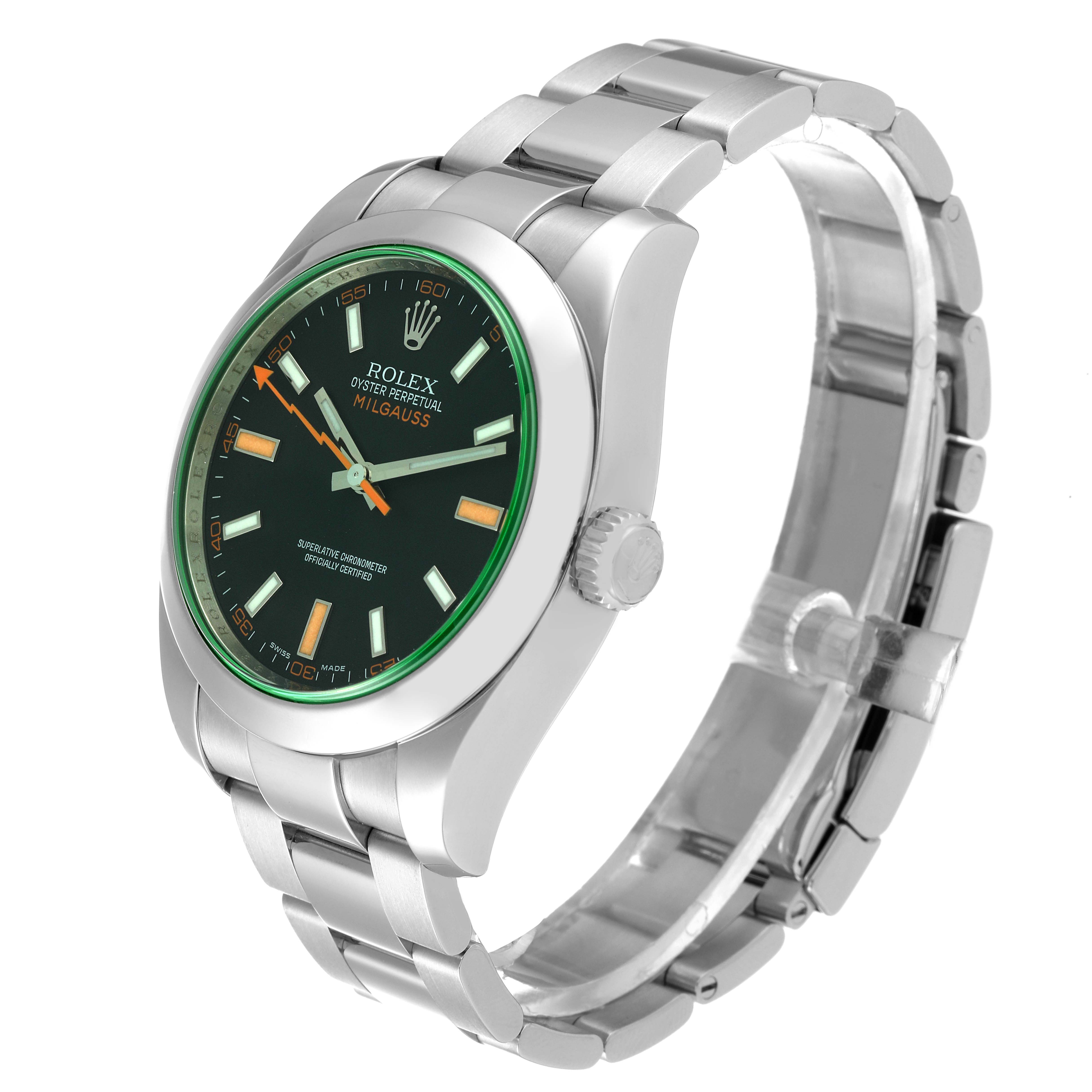 The image shows a Rolex Milgauss 116400 Men's Stainless Steel Black Dial 116400 Men's Stainless Steel Black Dial watch at a slight side angle, highlighting the face, bezel, crown, and bracelet.