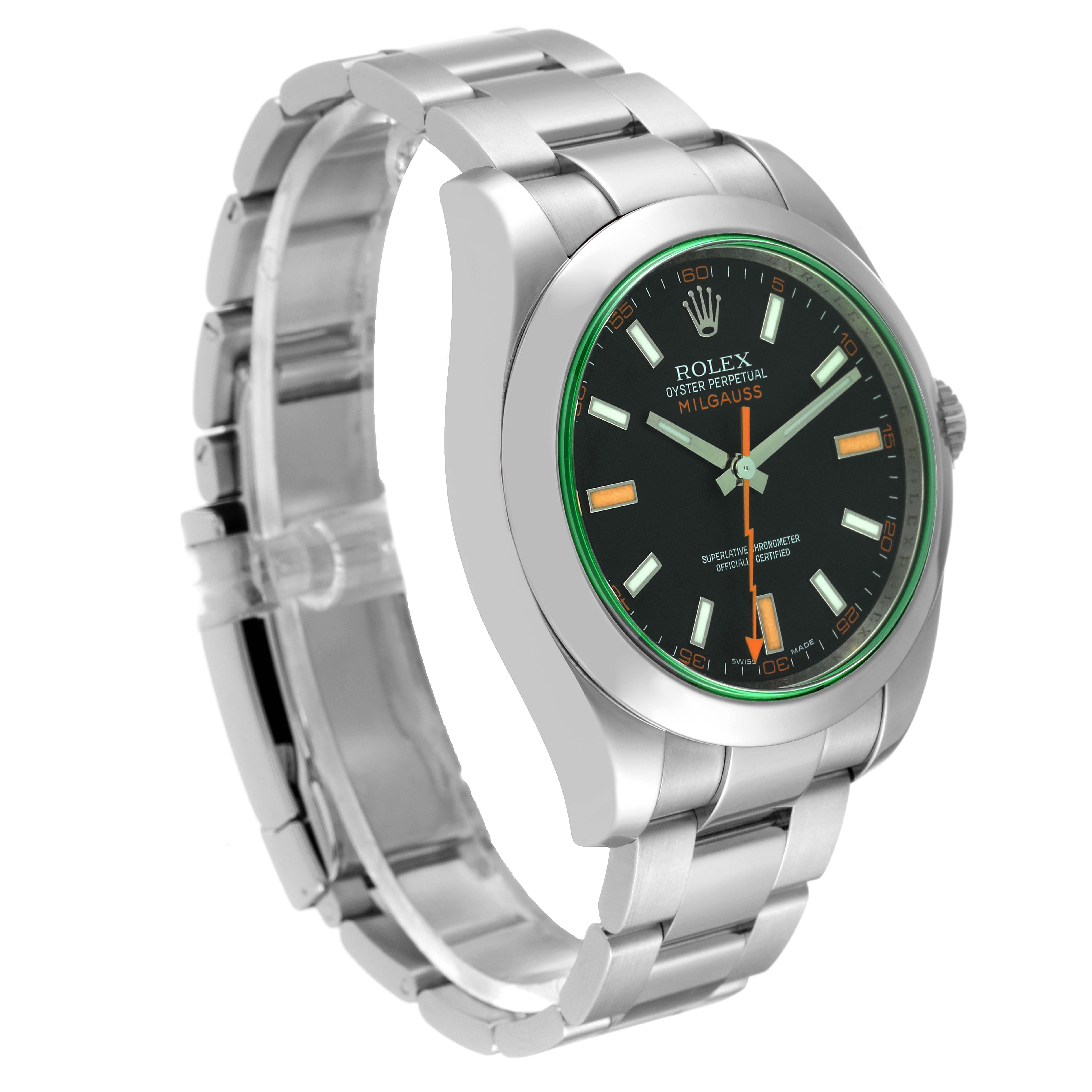The Rolex Milgauss 116400 Men's Stainless Steel Black Dial 116400 Men's Stainless Steel Black Dial watch is shown at an angled front view, highlighting its face, case, and bracelet.