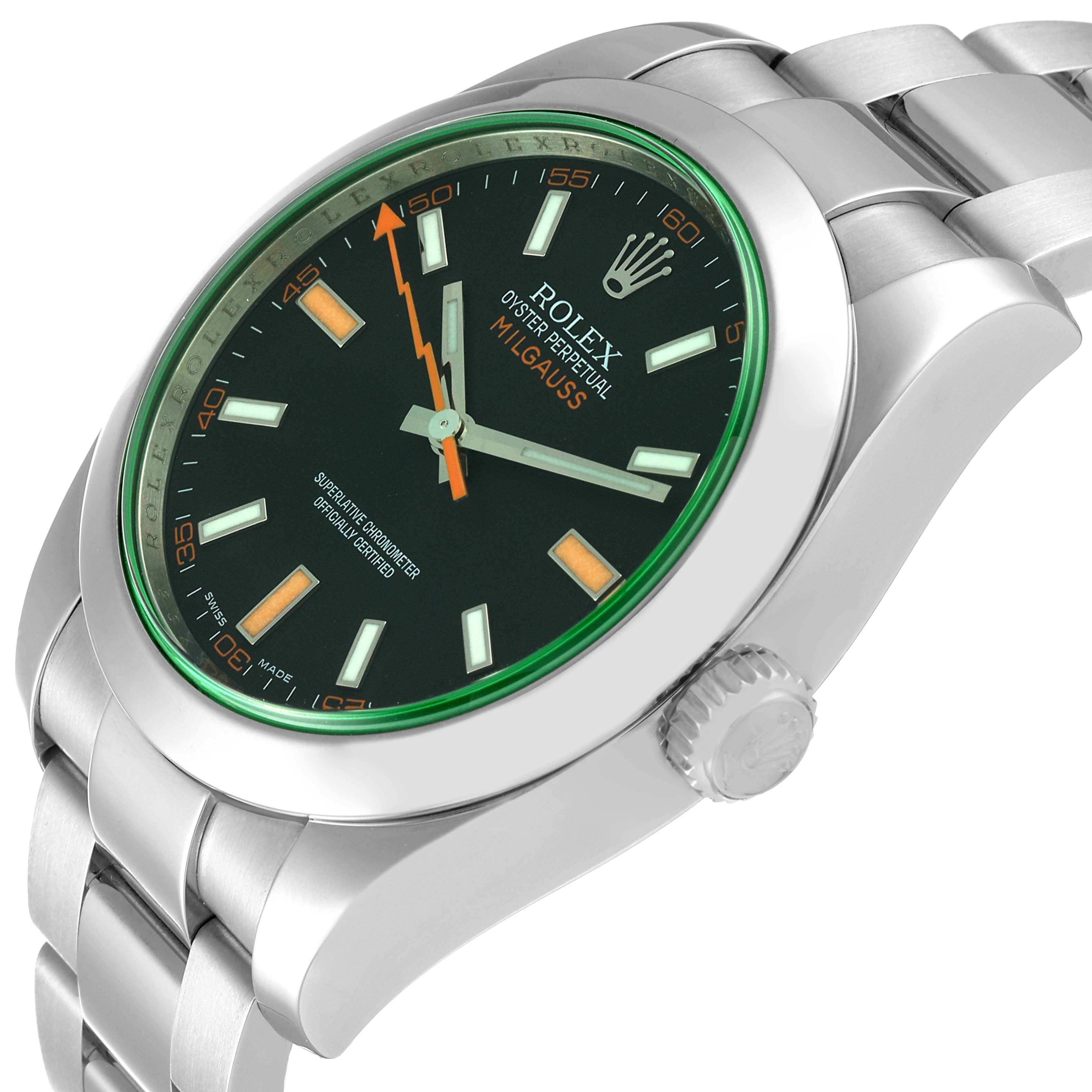 The image shows a close-up angle of a Rolex Milgauss 116400 Men's Stainless Steel Black Dial 116400 Men's Stainless Steel Black Dial watch, highlighting its green dial, orange lightning bolt second hand, and metal bracelet.