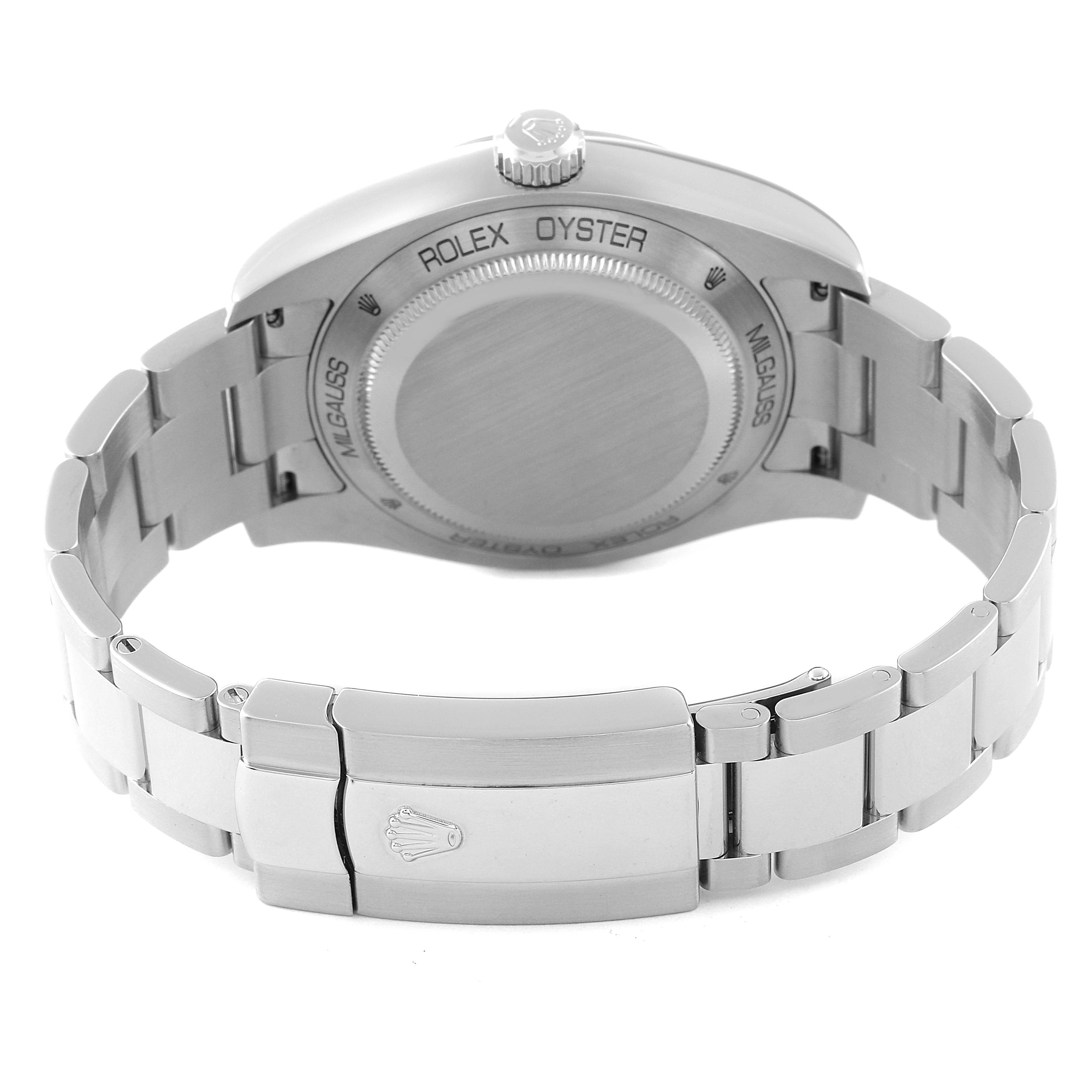 The image shows the back case and bracelet clasp of a Rolex Milgauss 116400 Men's Stainless Steel Black Dial 116400 Men's Stainless Steel Black Dial watch from a rear angle.