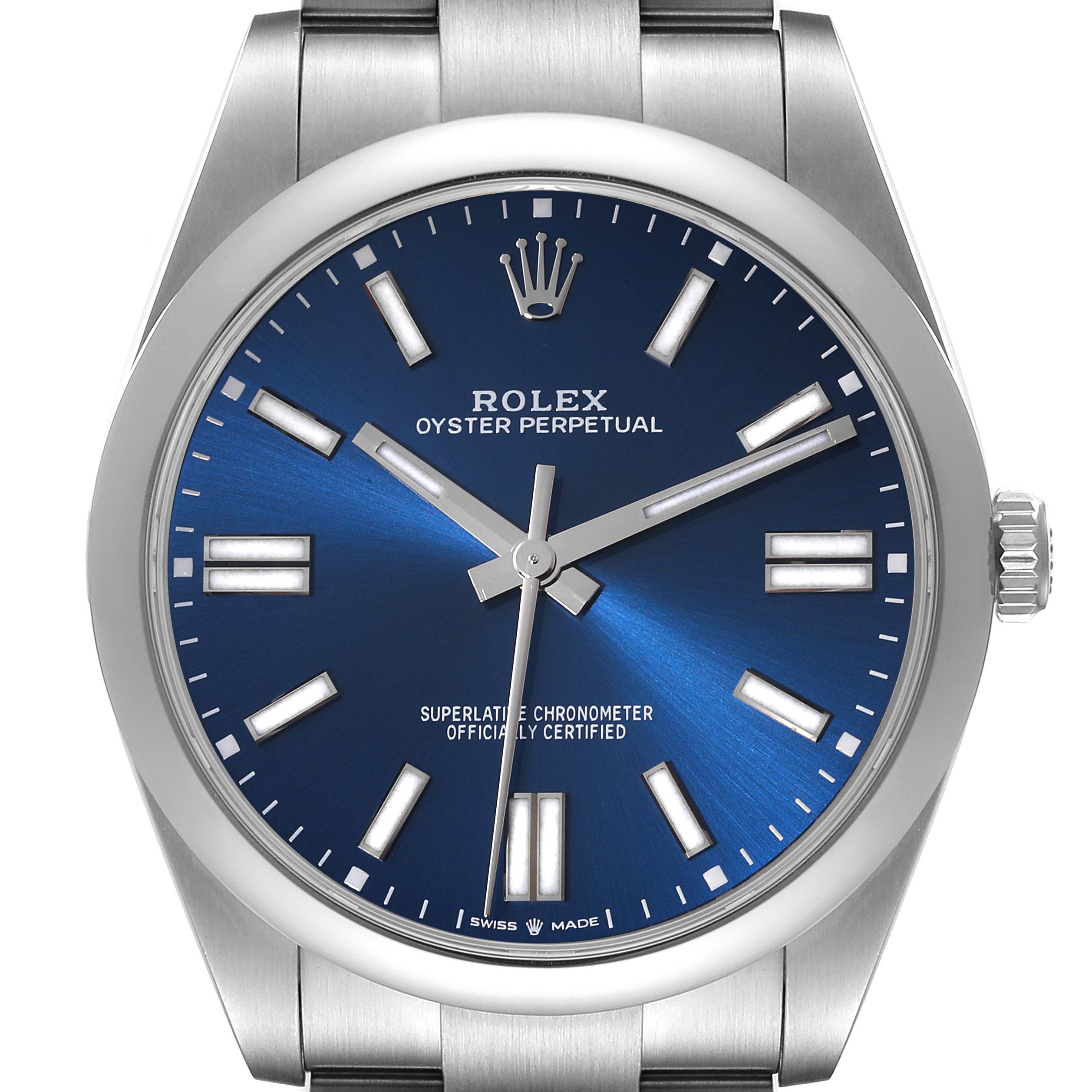 The image shows the front view of a Rolex Oyster Perpetual 124300 Men
s Stainless Steel Blue Dial 124300 Men
s Stainless Steel Blue Dial watch, highlighting its dial and bracelet.