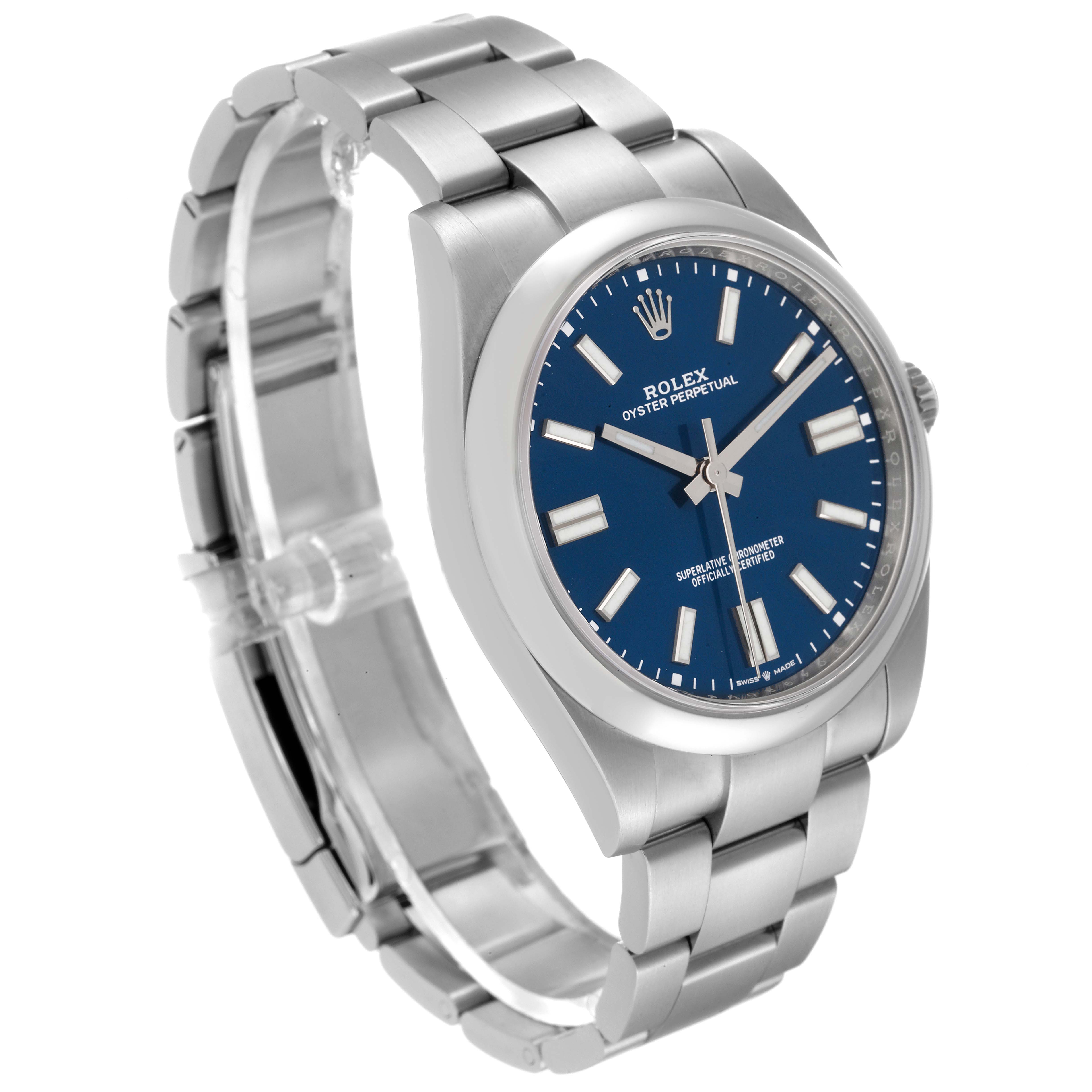 The image shows a Rolex Oyster Perpetual 124300 Men
s Stainless Steel Blue Dial 124300 Men
s Stainless Steel Blue Dial watch from a three-quarter front angle, highlighting its case, bracelet, and blue dial.