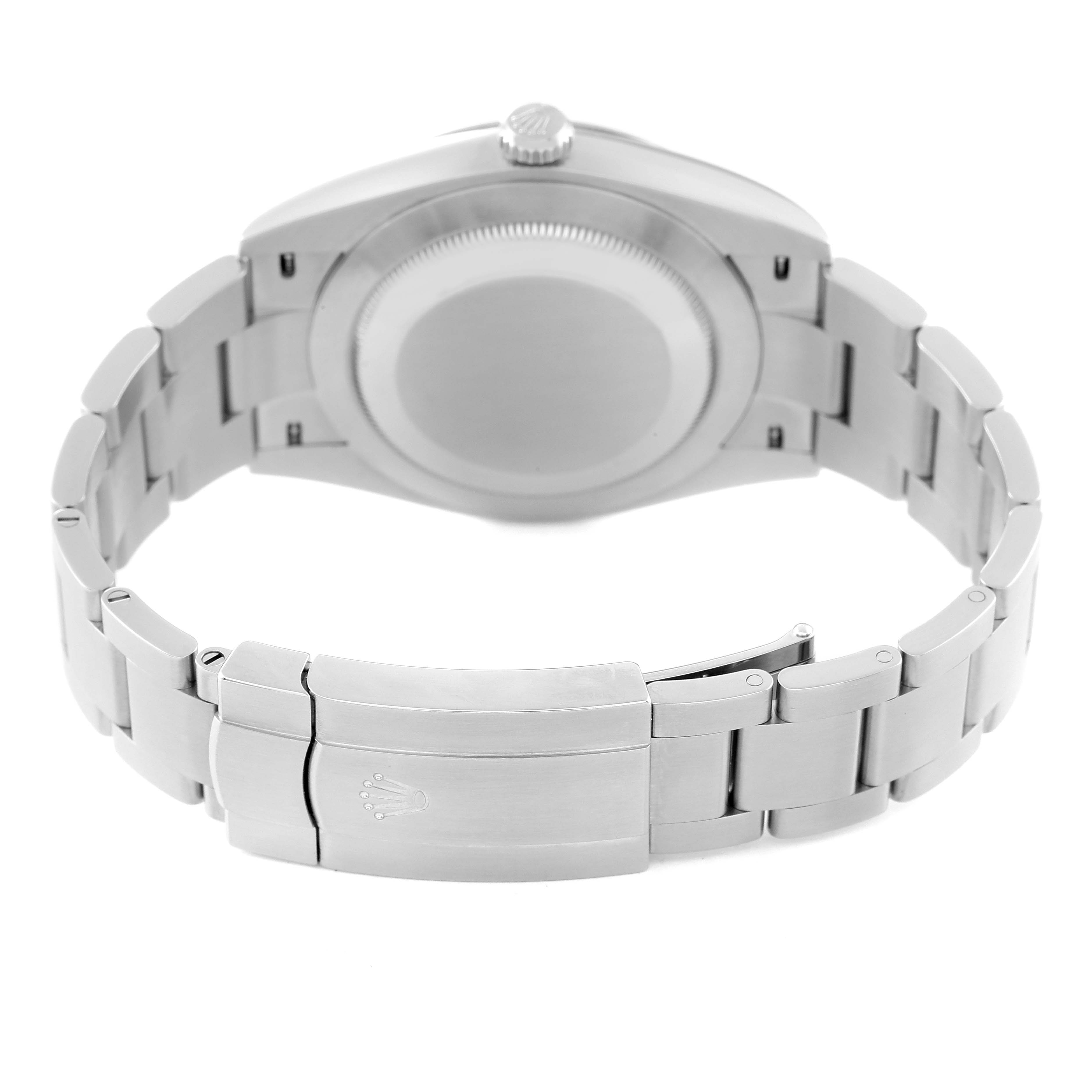 This image shows the back case and bracelet clasp of a Rolex Oyster Perpetual 124300 Men
s Stainless Steel Blue Dial 124300 Men
s Stainless Steel Blue Dial watch.