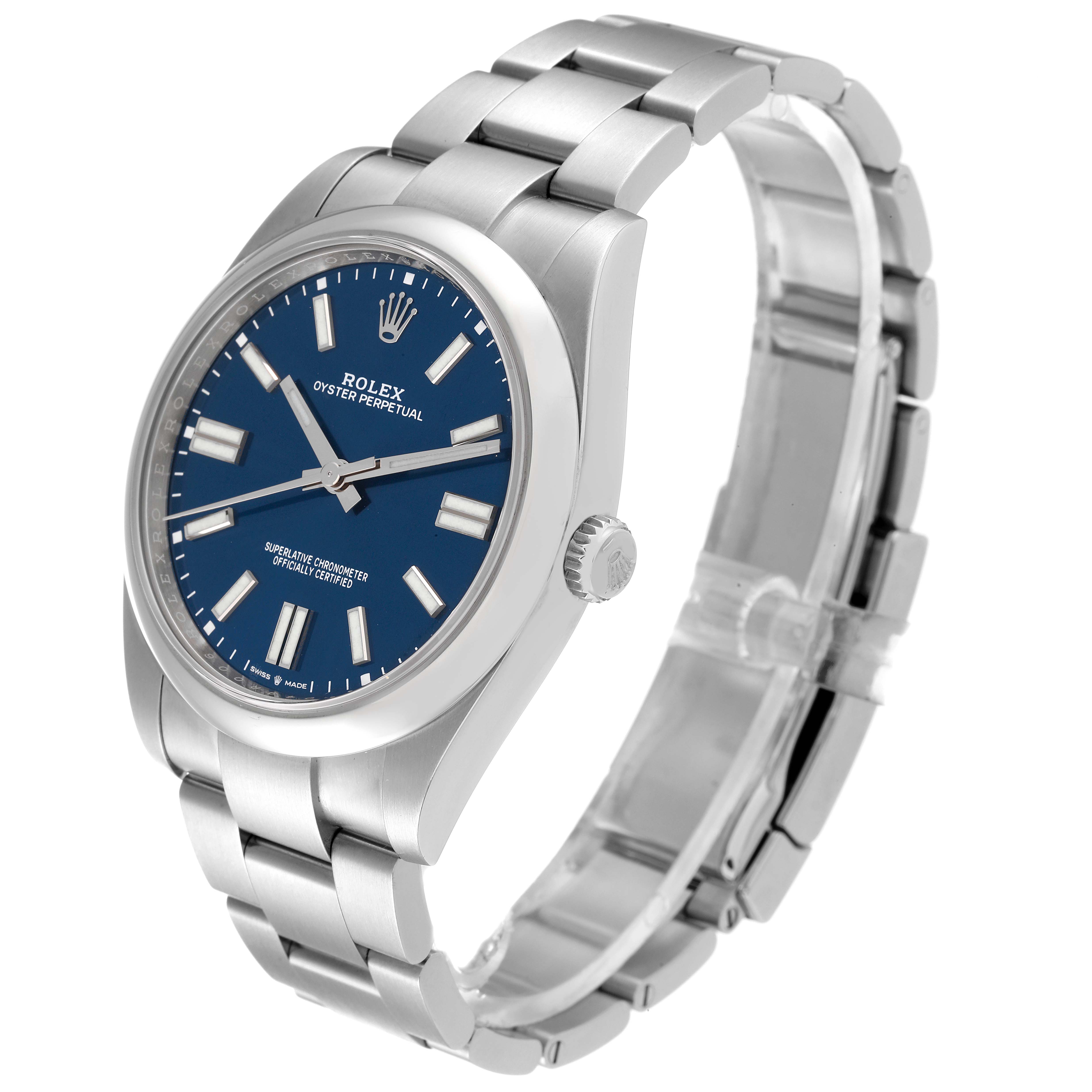 The Rolex Oyster Perpetual 124300 Men
s Stainless Steel Blue Dial 124300 Men
s Stainless Steel Blue Dial watch is shown at a slight angle, displaying the face, bezel, band, and crown.
