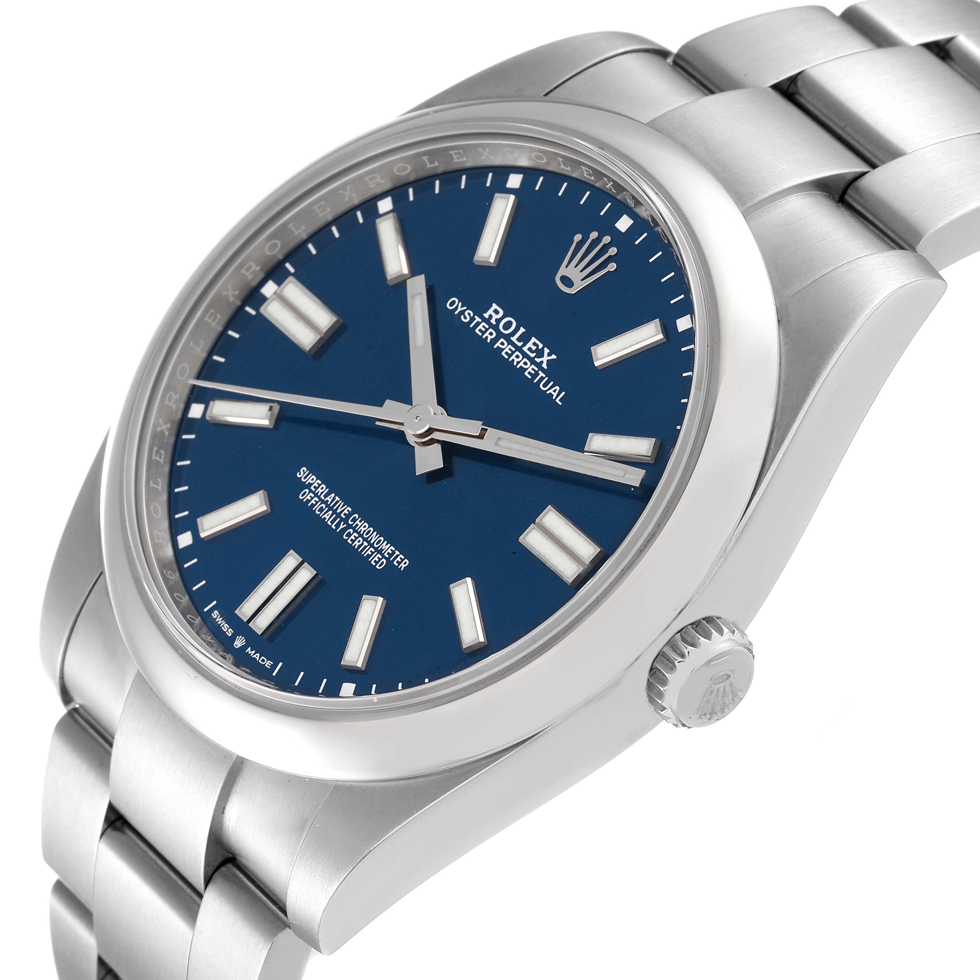 The Rolex Oyster Perpetual 124300 Men
s Stainless Steel Blue Dial 124300 Men
s Stainless Steel Blue Dial watch is shown at a slight angle, highlighting the blue dial, stainless steel case, and bracelet.