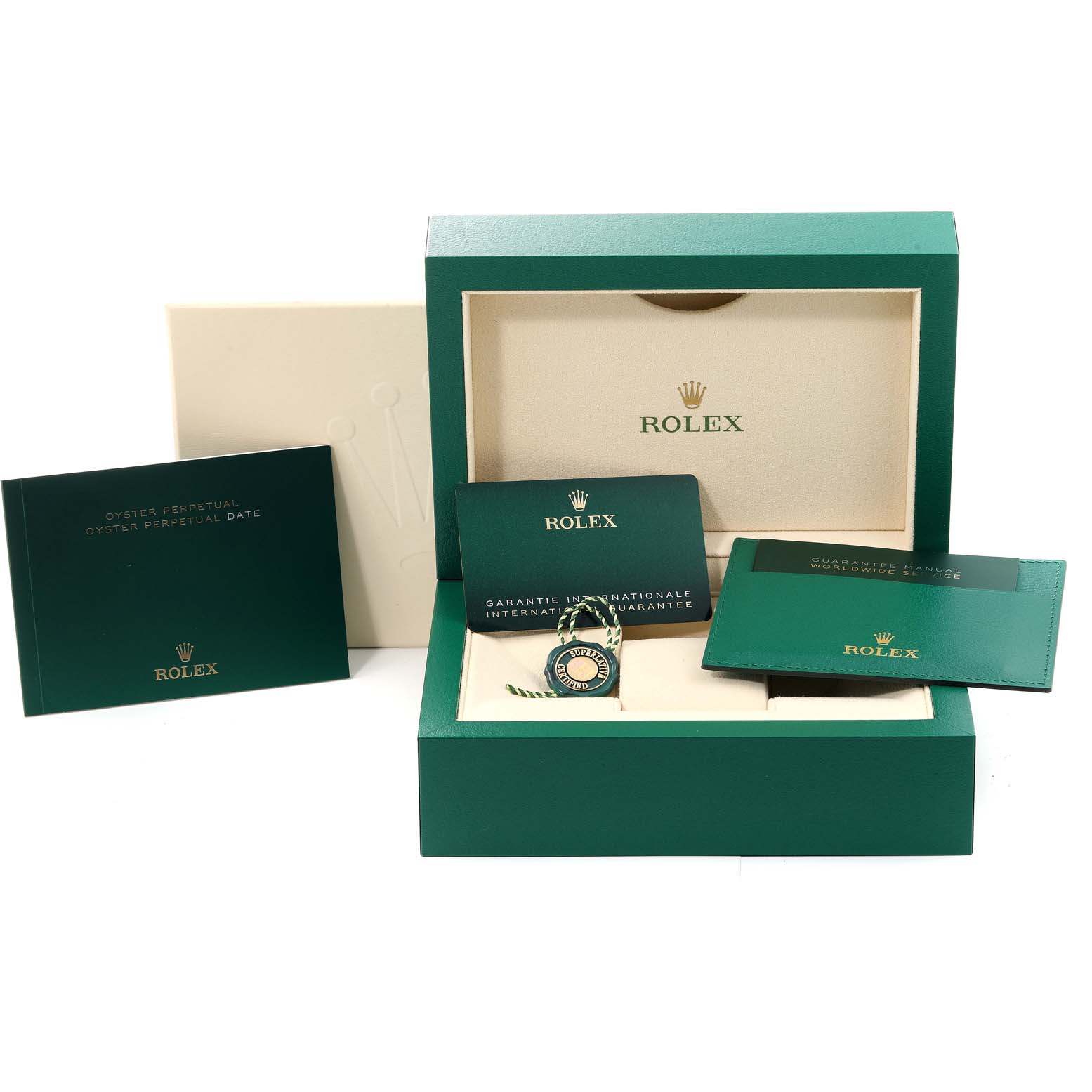 The image shows the packaging and accessories for a Rolex Oyster Perpetual 124300 Men
s Stainless Steel Blue Dial 124300 Men
s Stainless Steel Blue Dial watch, including the watch box, manuals, and warranty card.