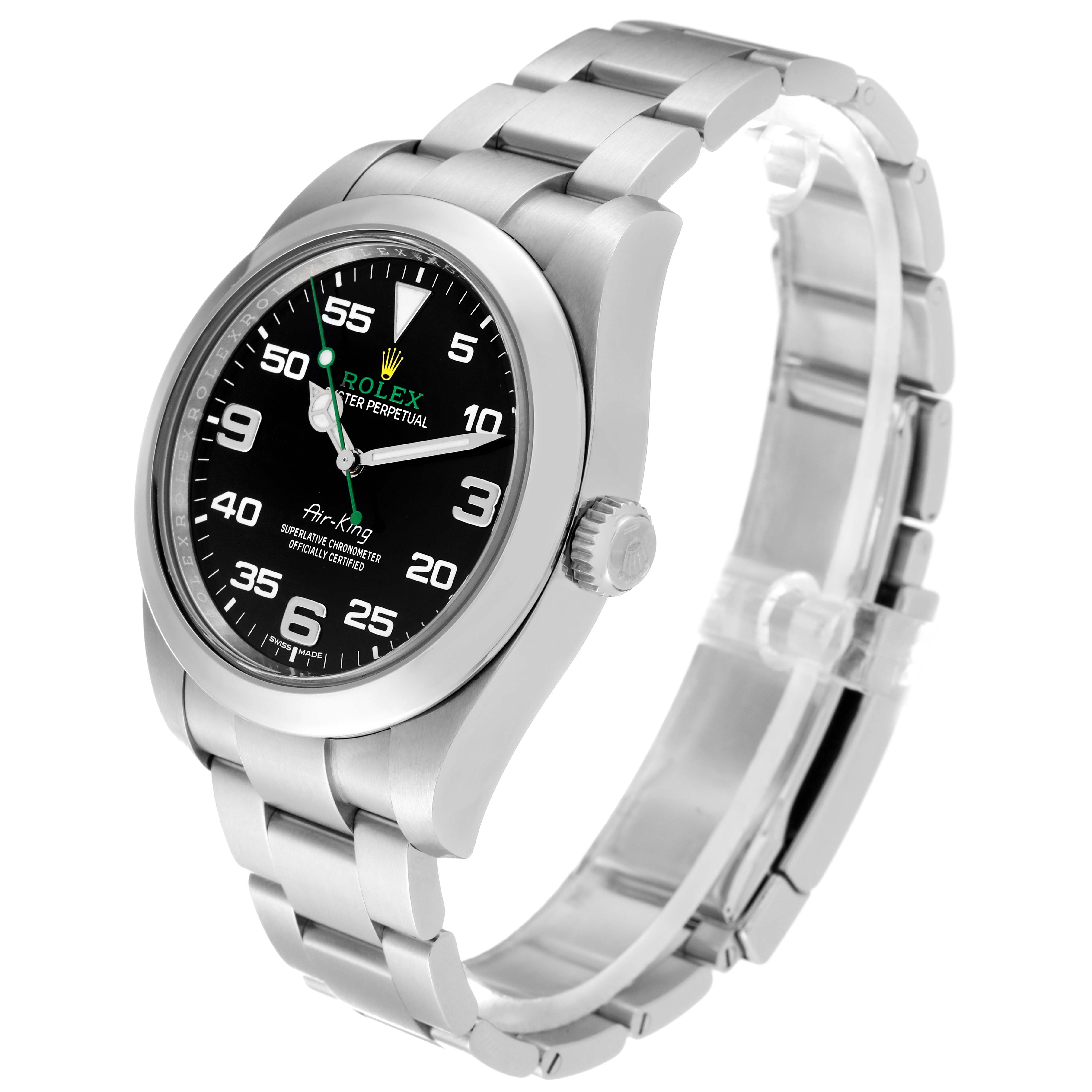 This image shows a Rolex Air-King 116900 Men's Stainless Steel Black Dial 116900 Men's Stainless Steel Black Dial watch at an angle displaying the face, crown, and part of the bracelet.