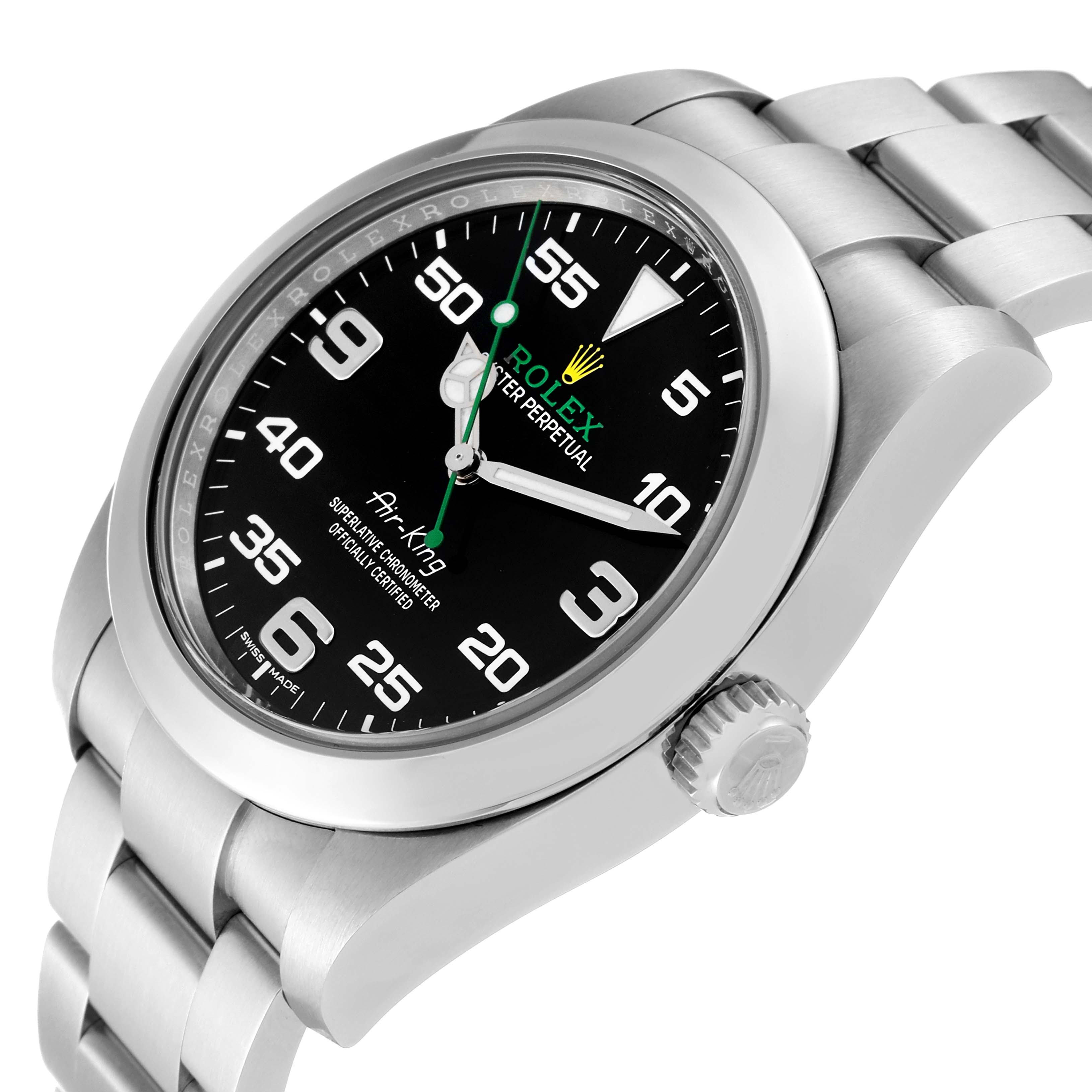 The image shows a side and front angle view of a Rolex Air-King 116900 Men's Stainless Steel Black Dial 116900 Men's Stainless Steel Black Dial watch, highlighting its dial, bezel, crown, and bracelet.