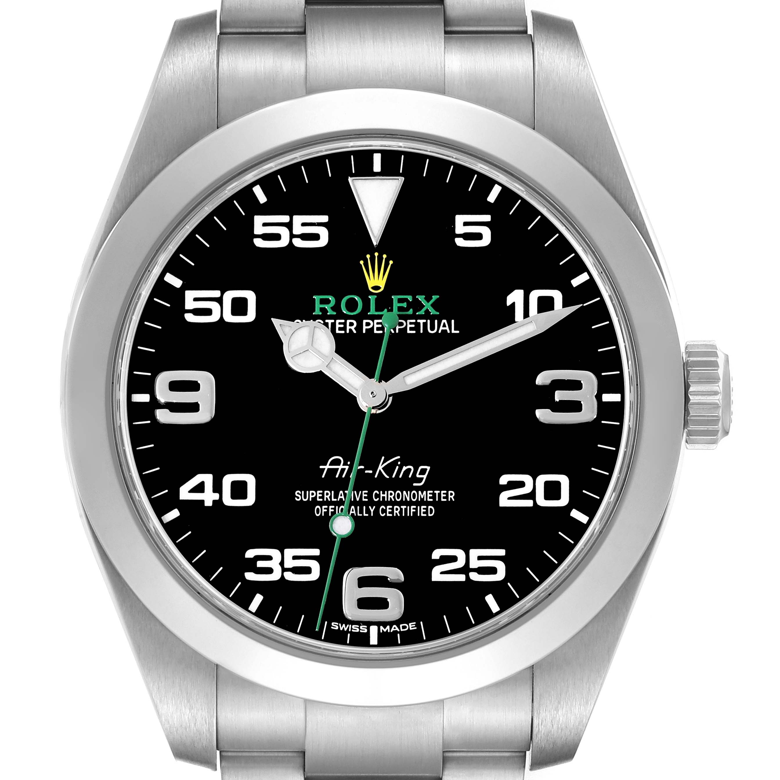 This image shows a front view of the Rolex Air-King 116900 Men's Stainless Steel Black Dial 116900 Men's Stainless Steel Black Dial watch, highlighting its dial, hands, and stainless steel casing and bracelet.