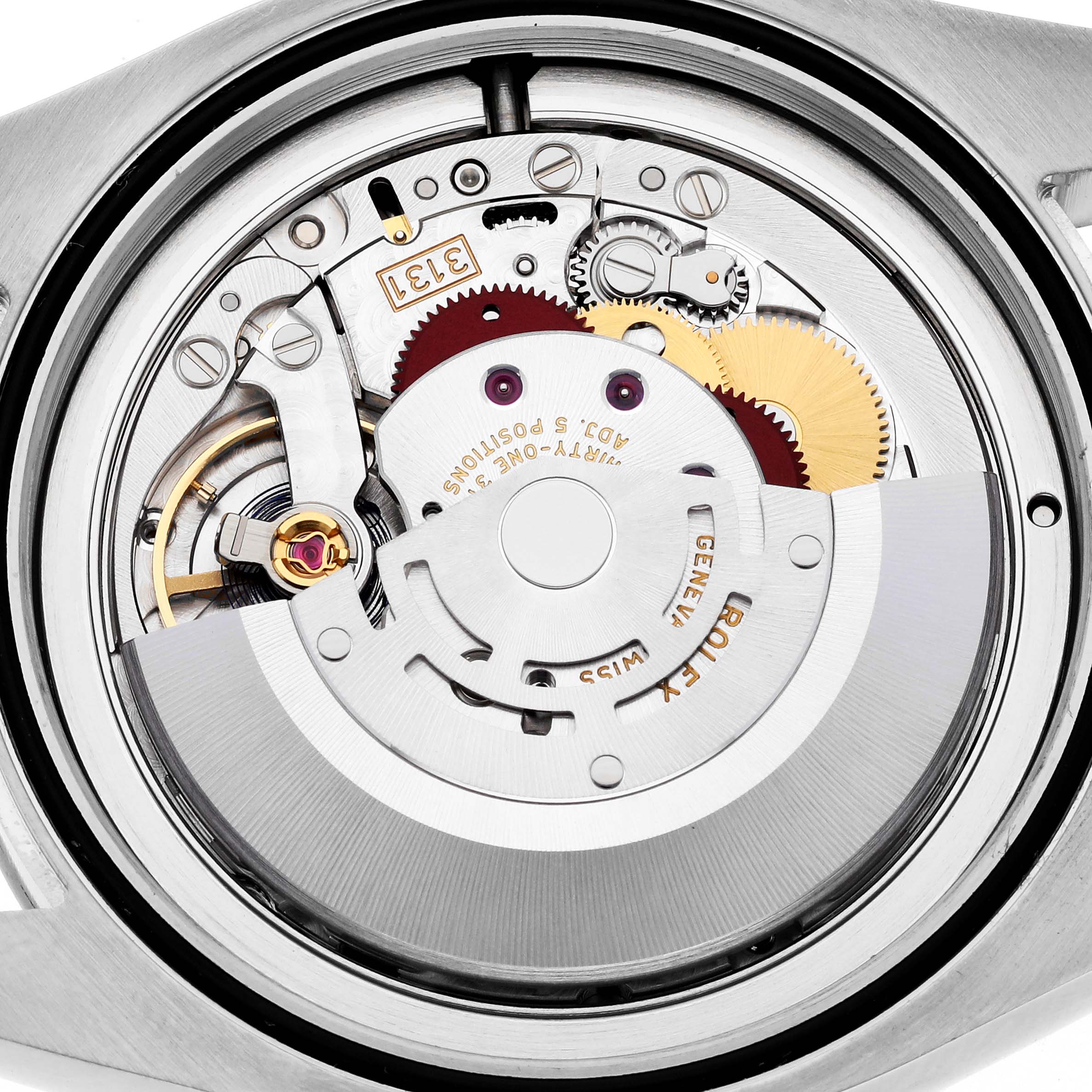 The image shows the intricate internal mechanics and movement components of a Rolex Air-King 116900 Men's Stainless Steel Black Dial 116900 Men's Stainless Steel Black Dial watch from a rear angle.