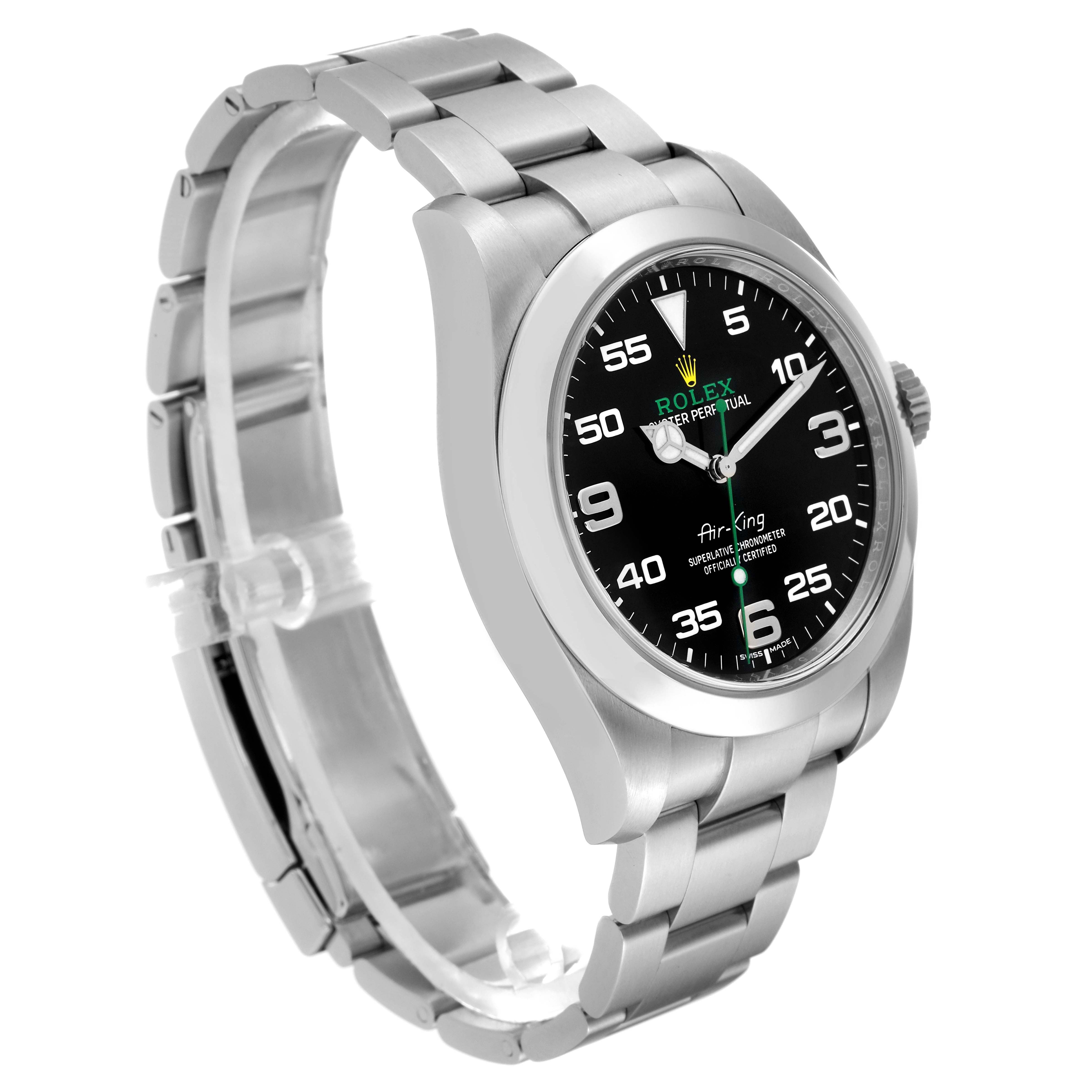 The image shows a side and partial top view of a Rolex Air-King 116900 Men's Stainless Steel Black Dial 116900 Men's Stainless Steel Black Dial watch, highlighting the bracelet, bezel, and dial.