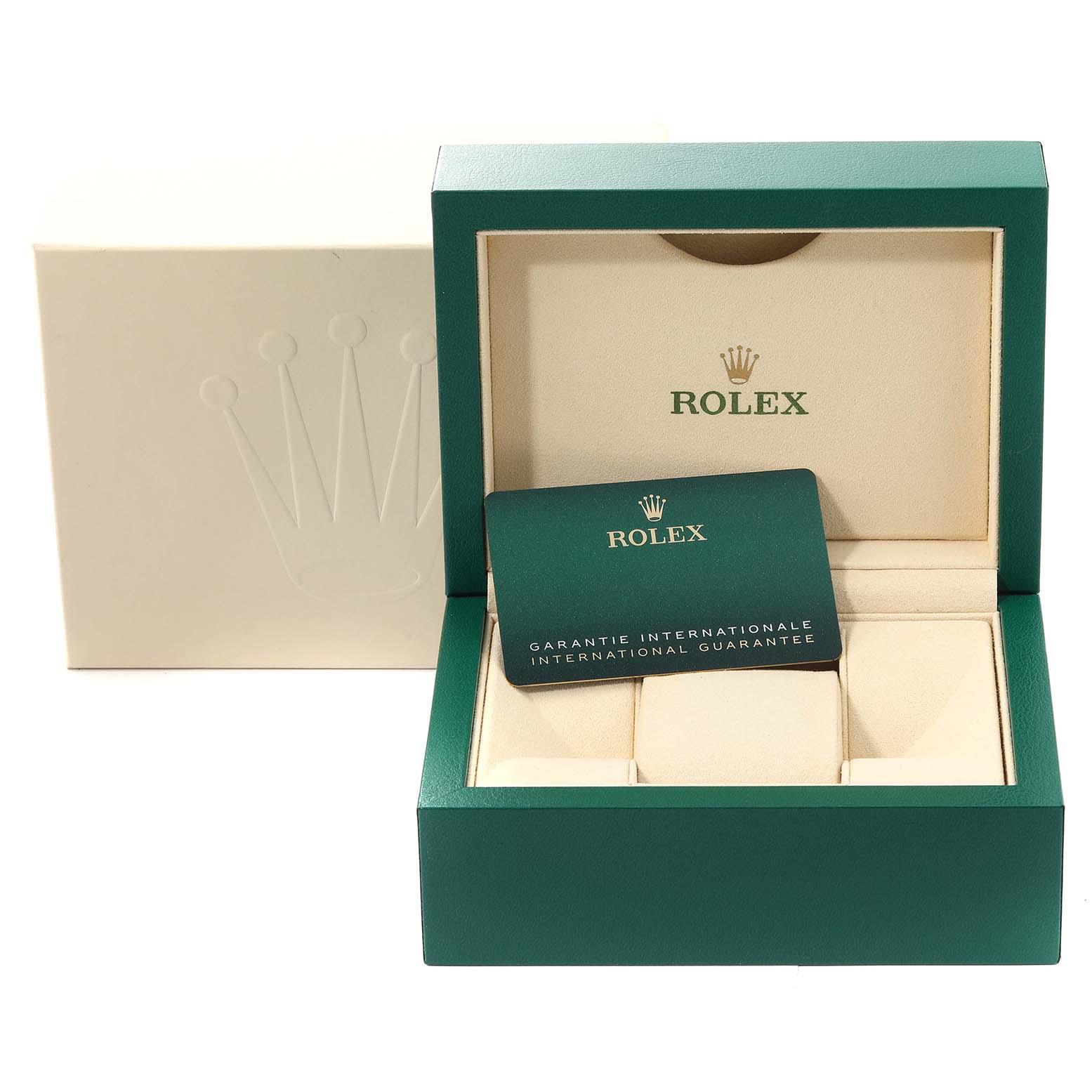 The image shows the packaging and international guarantee card for the Rolex Air-King 116900 Men's Stainless Steel Black Dial 116900 Men's Stainless Steel Black Dial watch.