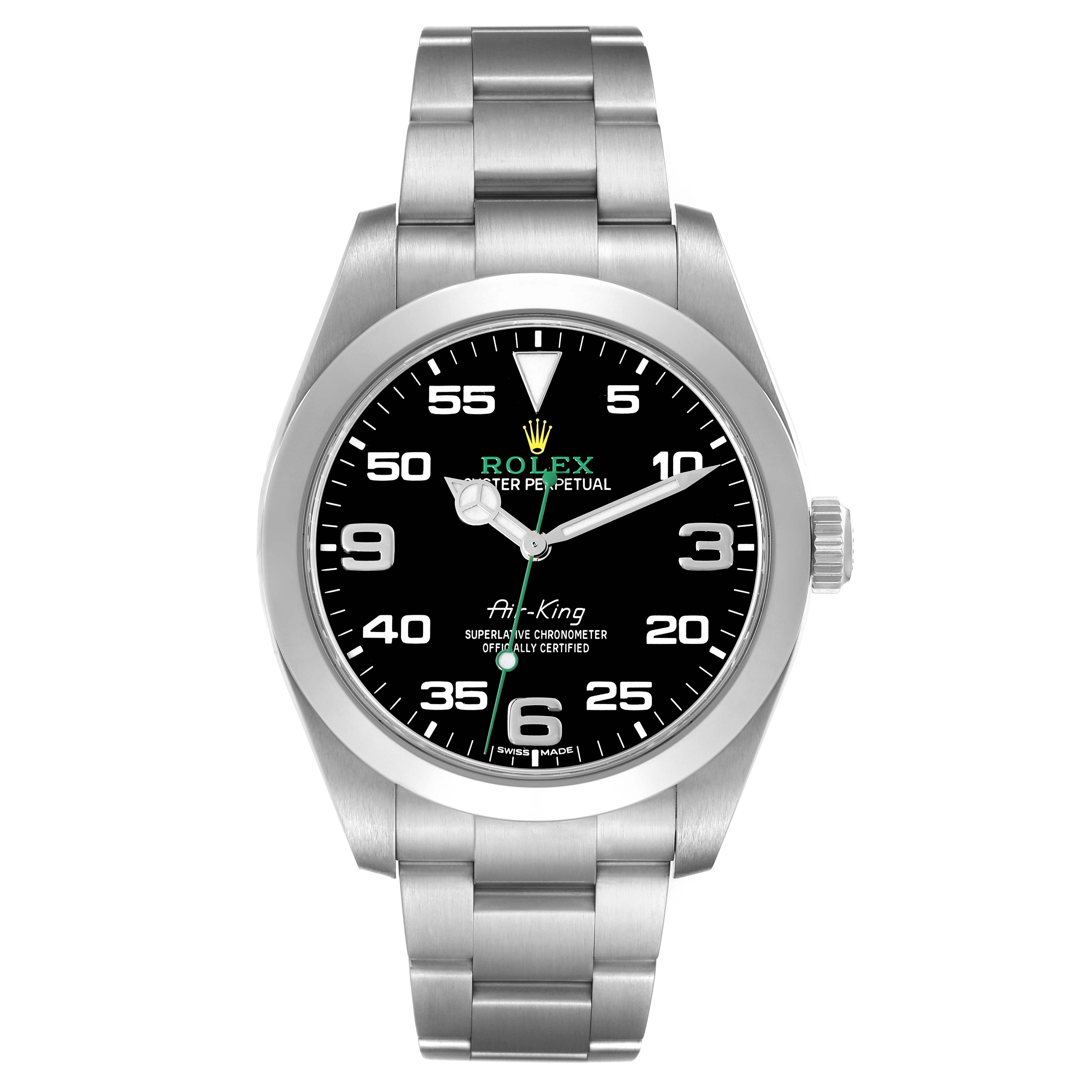 This image shows a front view of the Rolex Air-King 116900 Men's Stainless Steel Black Dial 116900 Men's Stainless Steel Black Dial watch, displaying its face, bezel, and stainless steel bracelet.