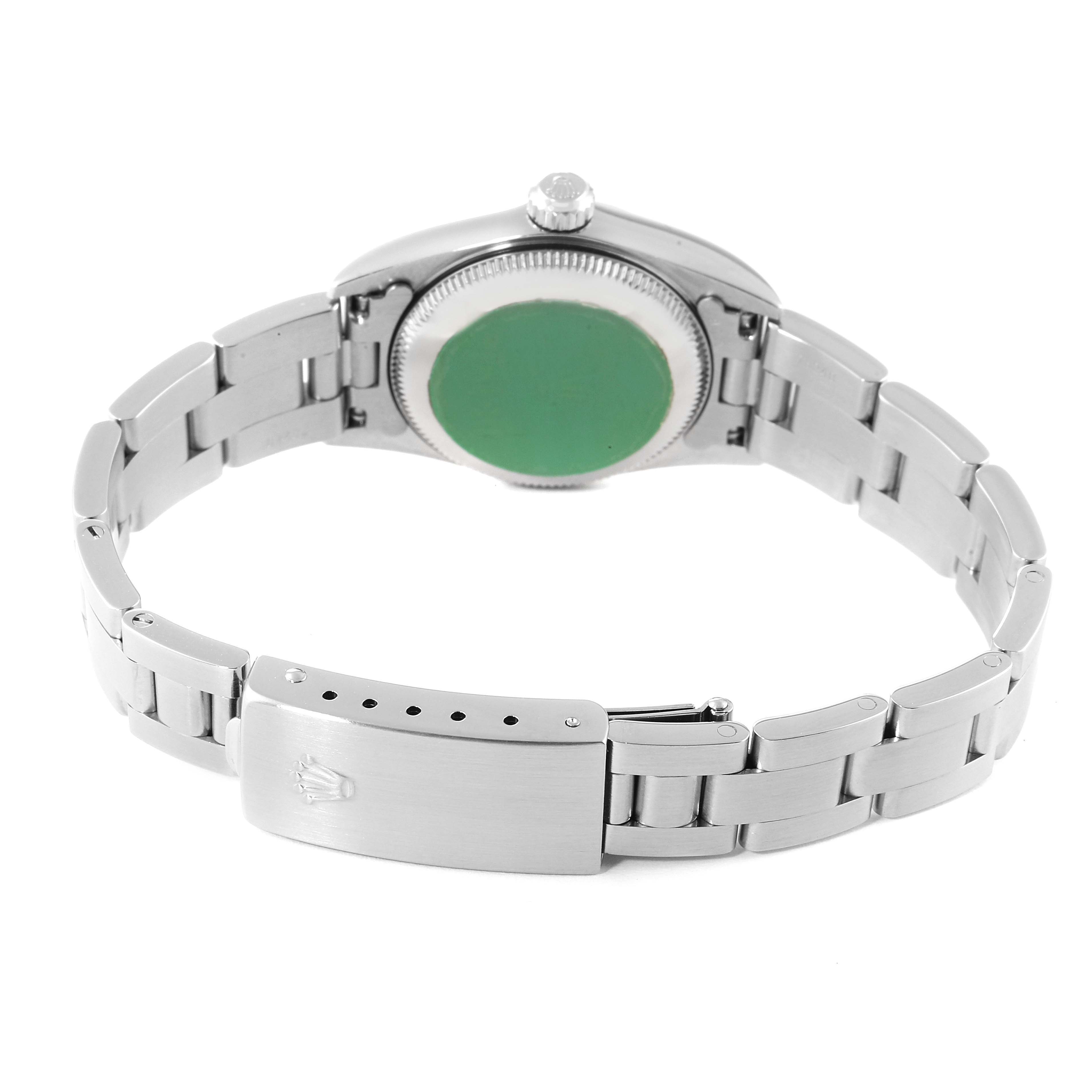 This image shows the back view of a Rolex Oyster Perpetual 76080 Women's Stainless Steel Black Dial 76080 Women's Stainless Steel Black Dial watch, highlighting the case back, bracelet, and clasp.