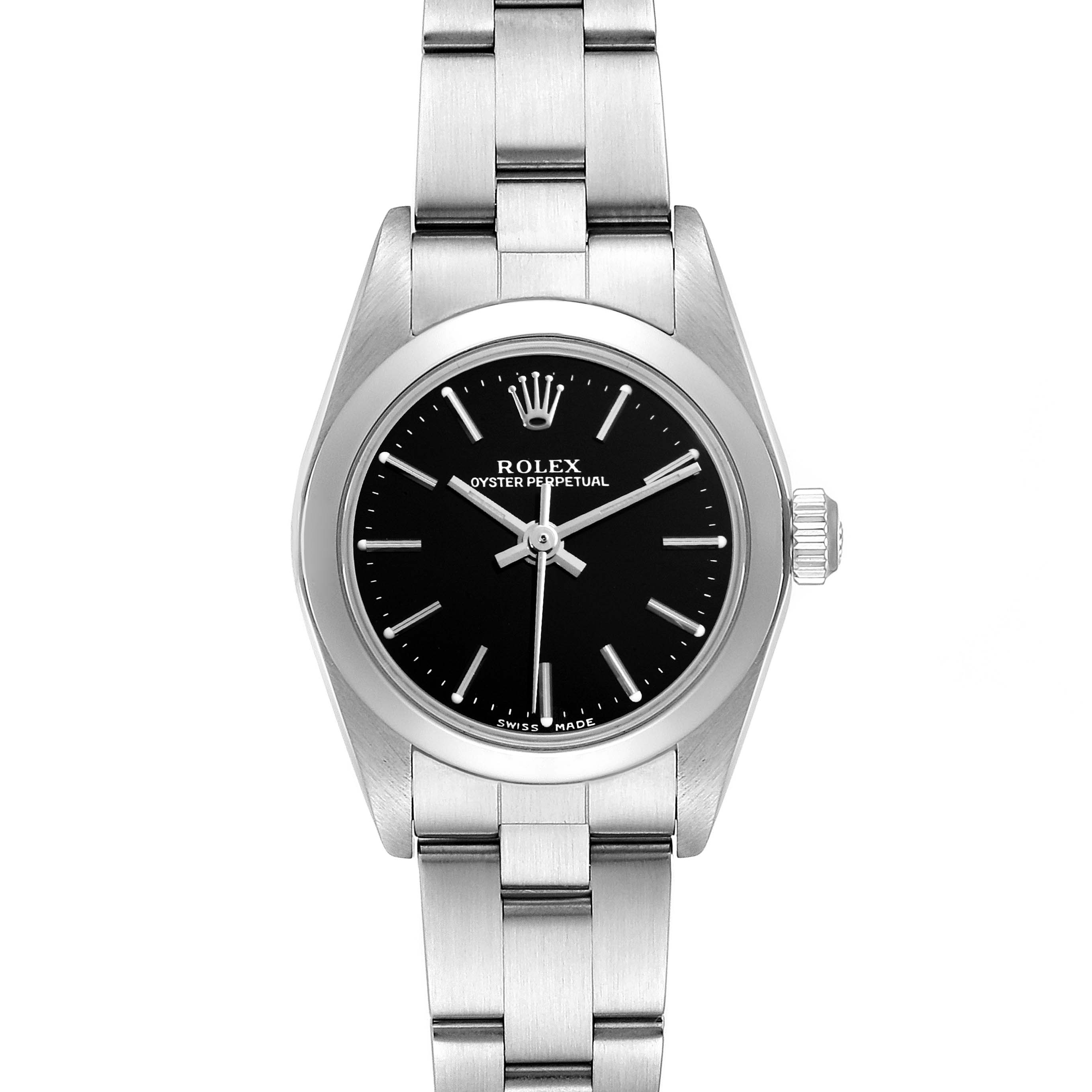 The image shows a front view of a Rolex Oyster Perpetual 76080 Women's Stainless Steel Black Dial 76080 Women's Stainless Steel Black Dial watch, highlighting its black dial, stainless steel bracelet, and crown.