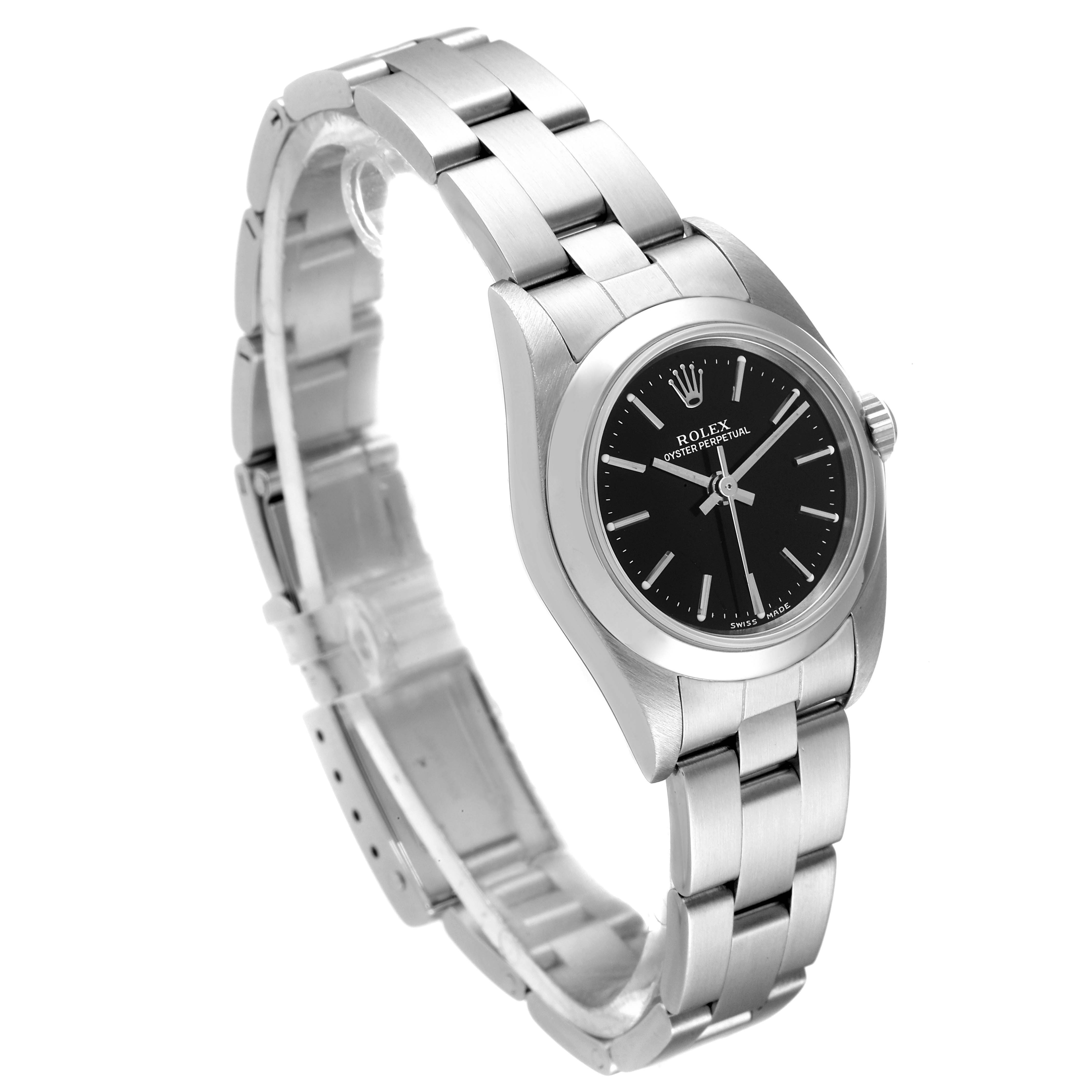 The image shows a side angle of a Rolex Oyster Perpetual 76080 Women's Stainless Steel Black Dial 76080 Women's Stainless Steel Black Dial watch, displaying the bracelet, case, and dial.