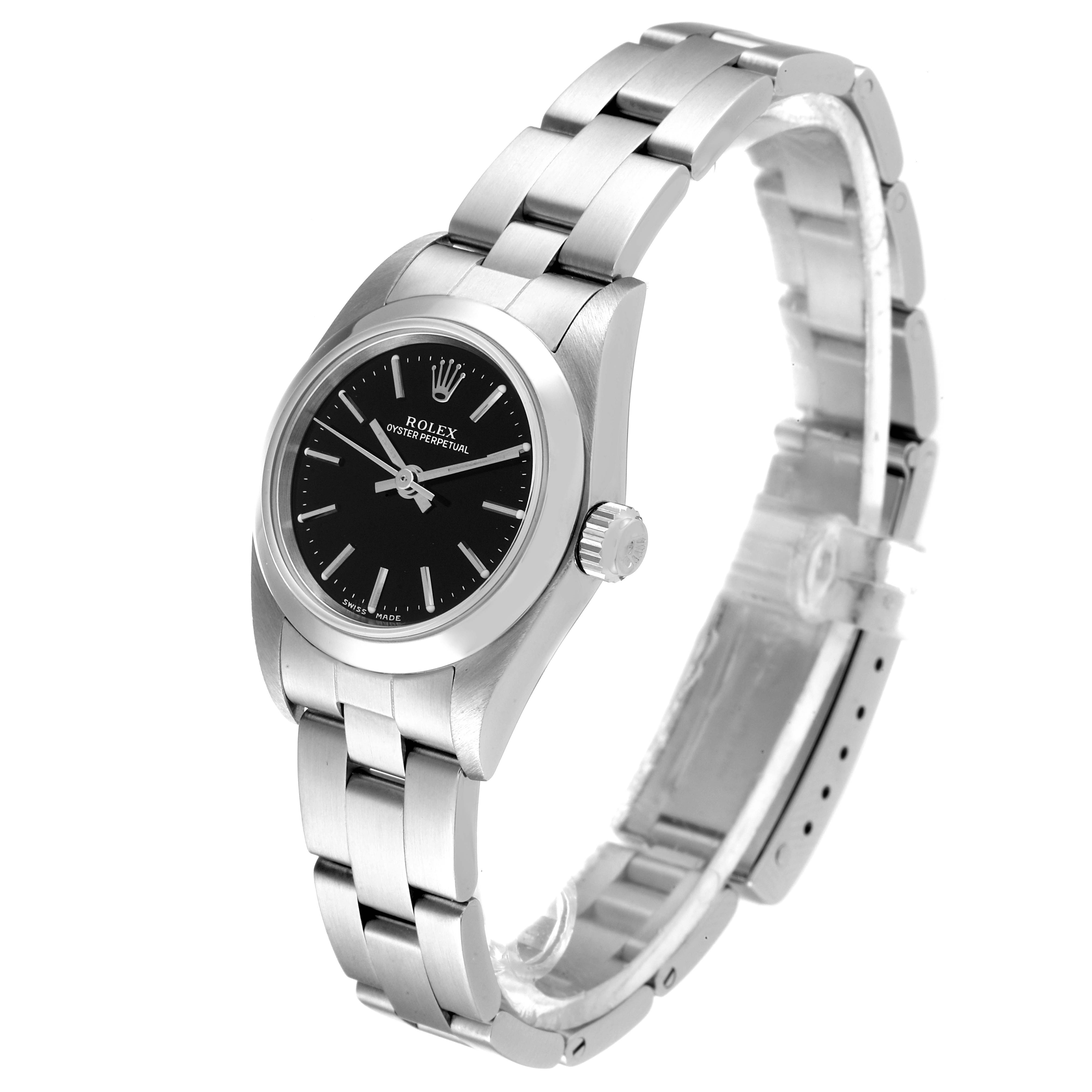 This image shows a Rolex Oyster Perpetual 76080 Women's Stainless Steel Black Dial 76080 Women's Stainless Steel Black Dial watch at a three-quarter angle, highlighting the face, crown, and bracelet.