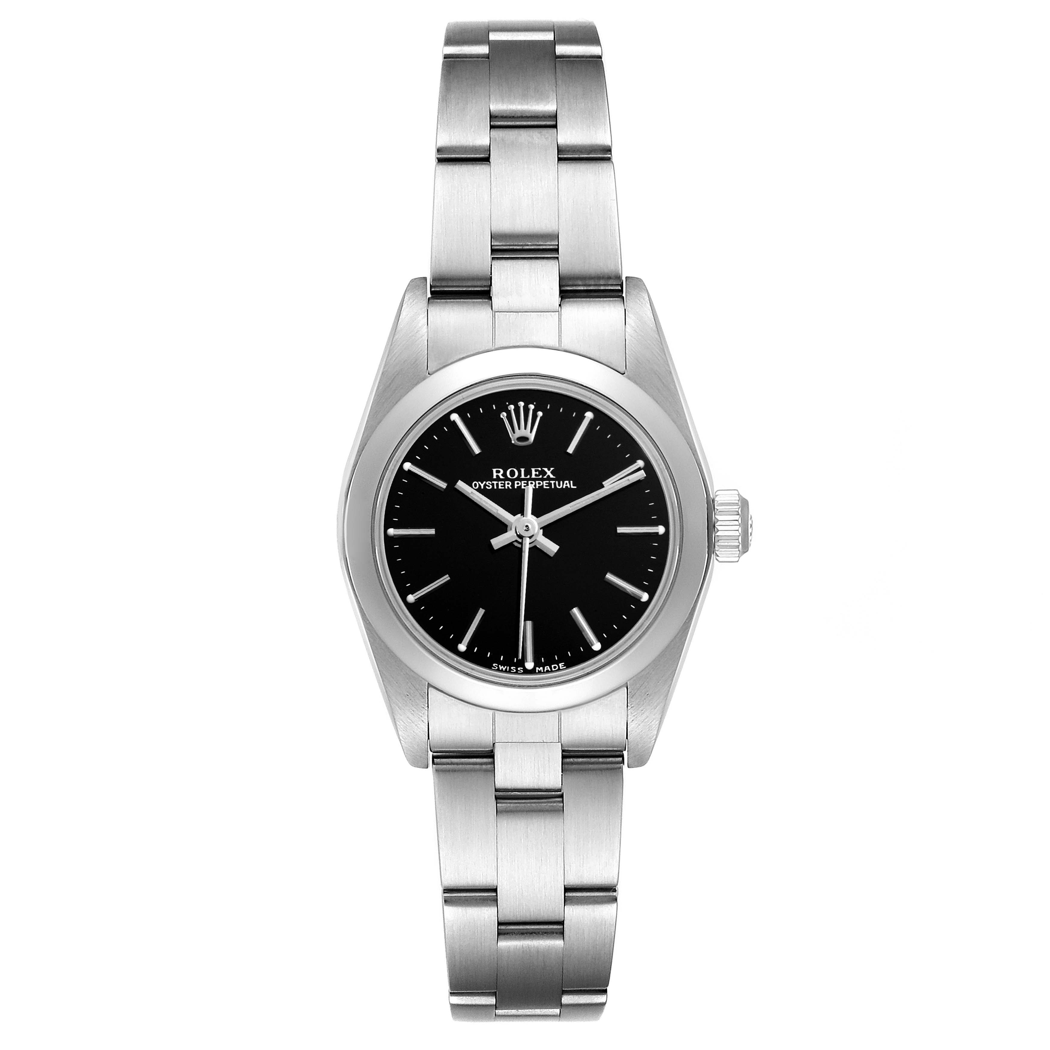 The image shows a front view of a Rolex Oyster Perpetual 76080 Women's Stainless Steel Black Dial 76080 Women's Stainless Steel Black Dial watch, detailing the face, bezel, and bracelet.