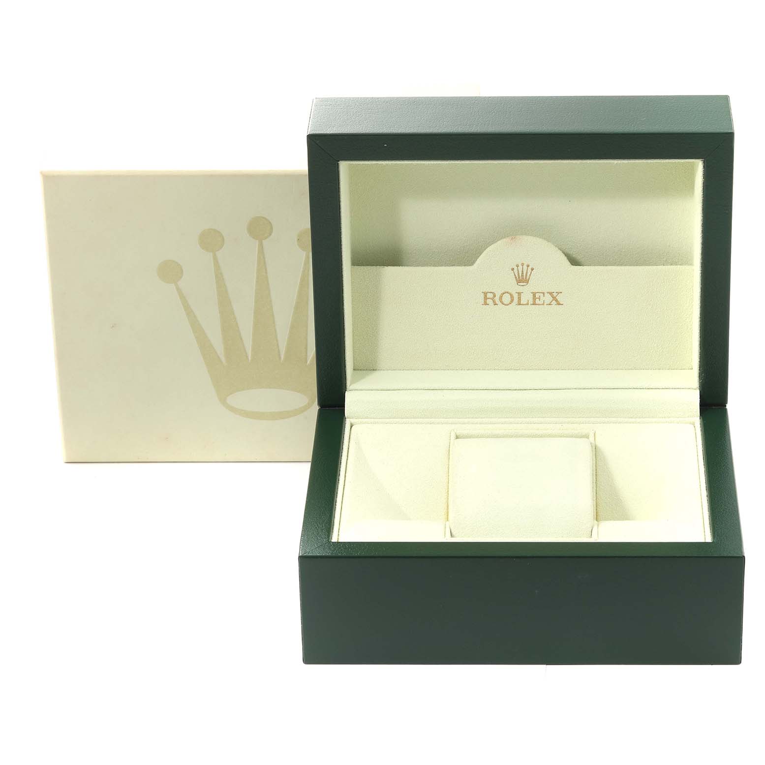 The image shows an open green and beige Rolex watch box for the Oyster Perpetual model, facing forward.