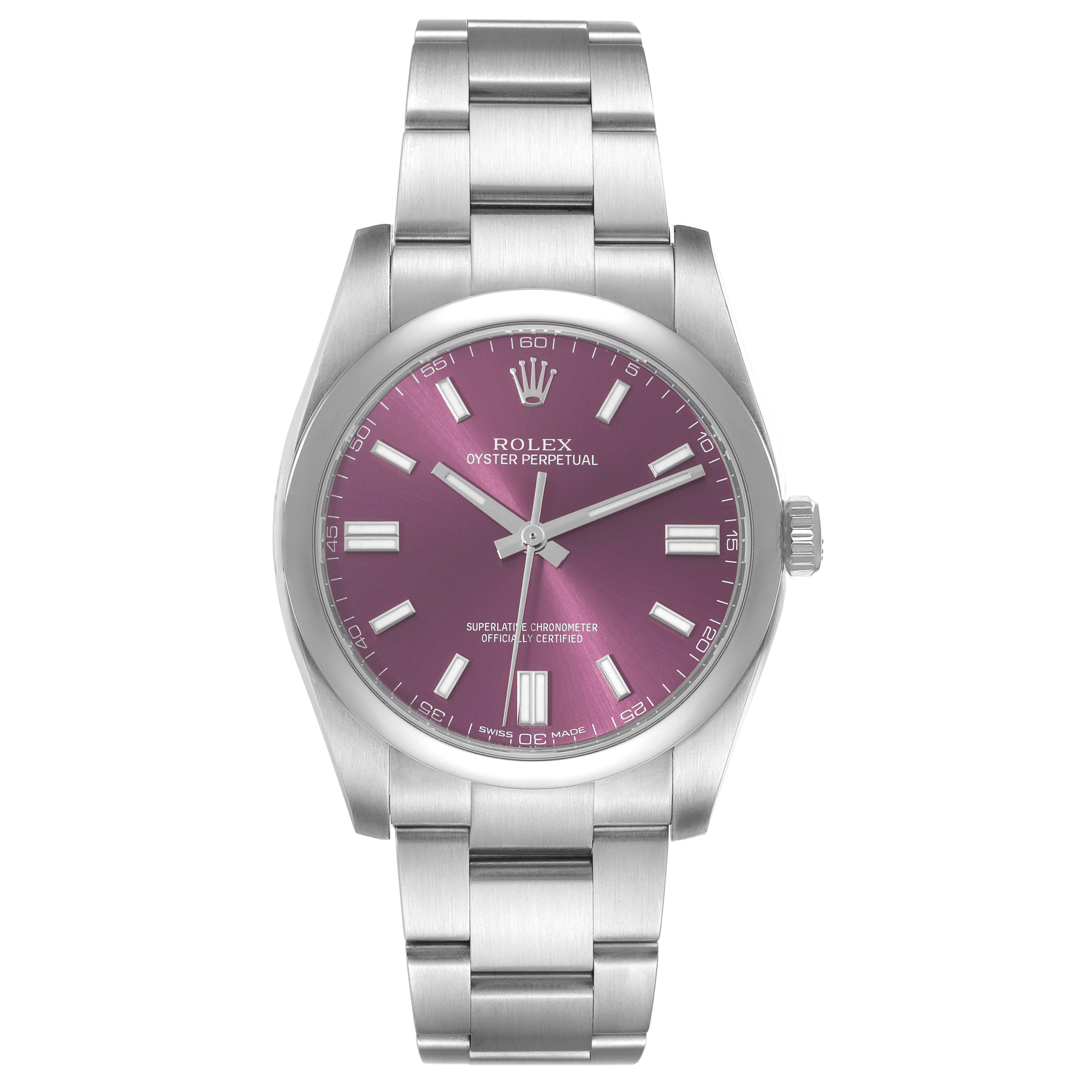 This image shows a front view of a Rolex Oyster Perpetual 116000 Men's Stainless Steel Purple Dial 116000 Men's Stainless Steel Purple Dial watch, highlighting the dial, case, and bracelet.