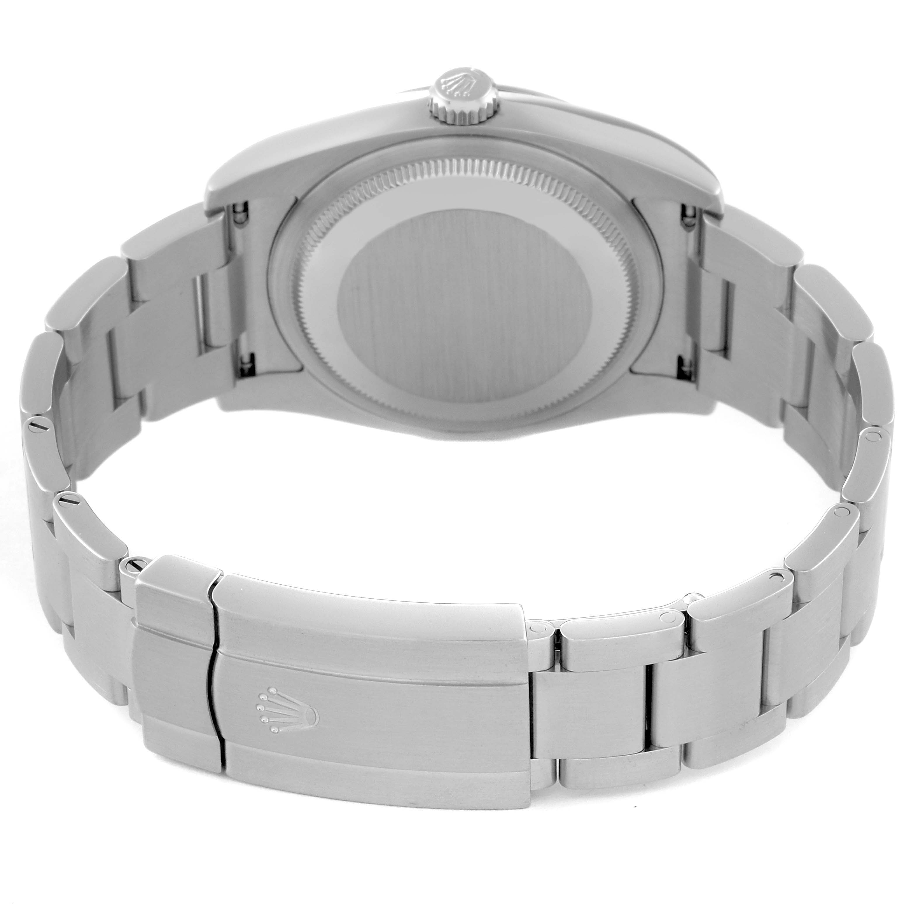 The image shows the backside, bracelet, and clasp of a Rolex Oyster Perpetual 116000 Men's Stainless Steel Purple Dial 116000 Men's Stainless Steel Purple Dial watch.