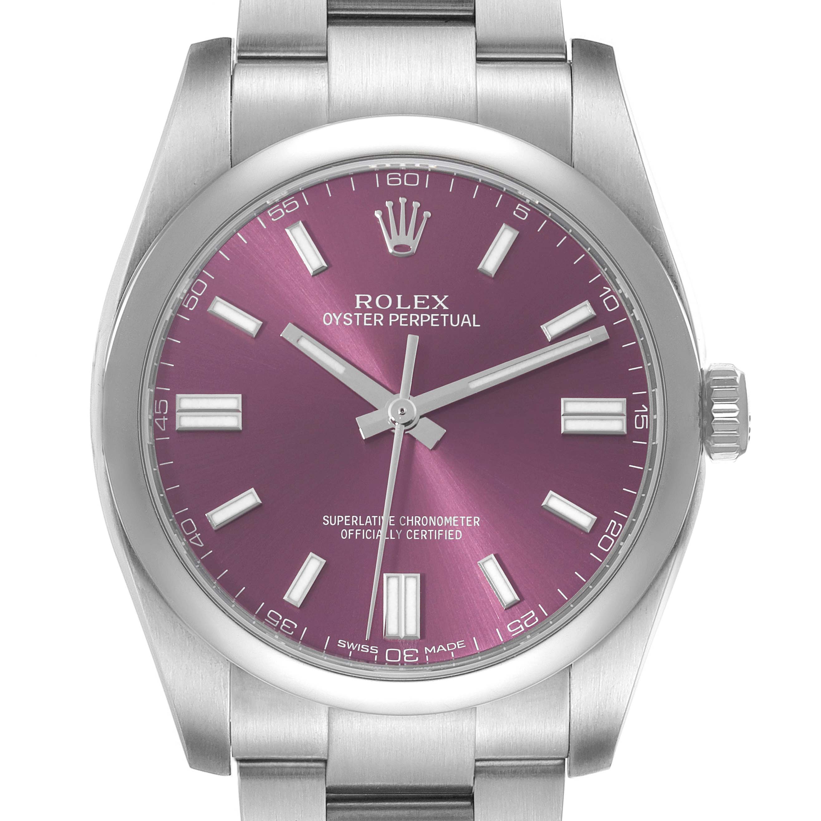 The image shows a front view of the Rolex Oyster Perpetual 116000 Men's Stainless Steel Purple Dial 116000 Men's Stainless Steel Purple Dial watch displaying its dial, hands, crown, and part of the bracelet.