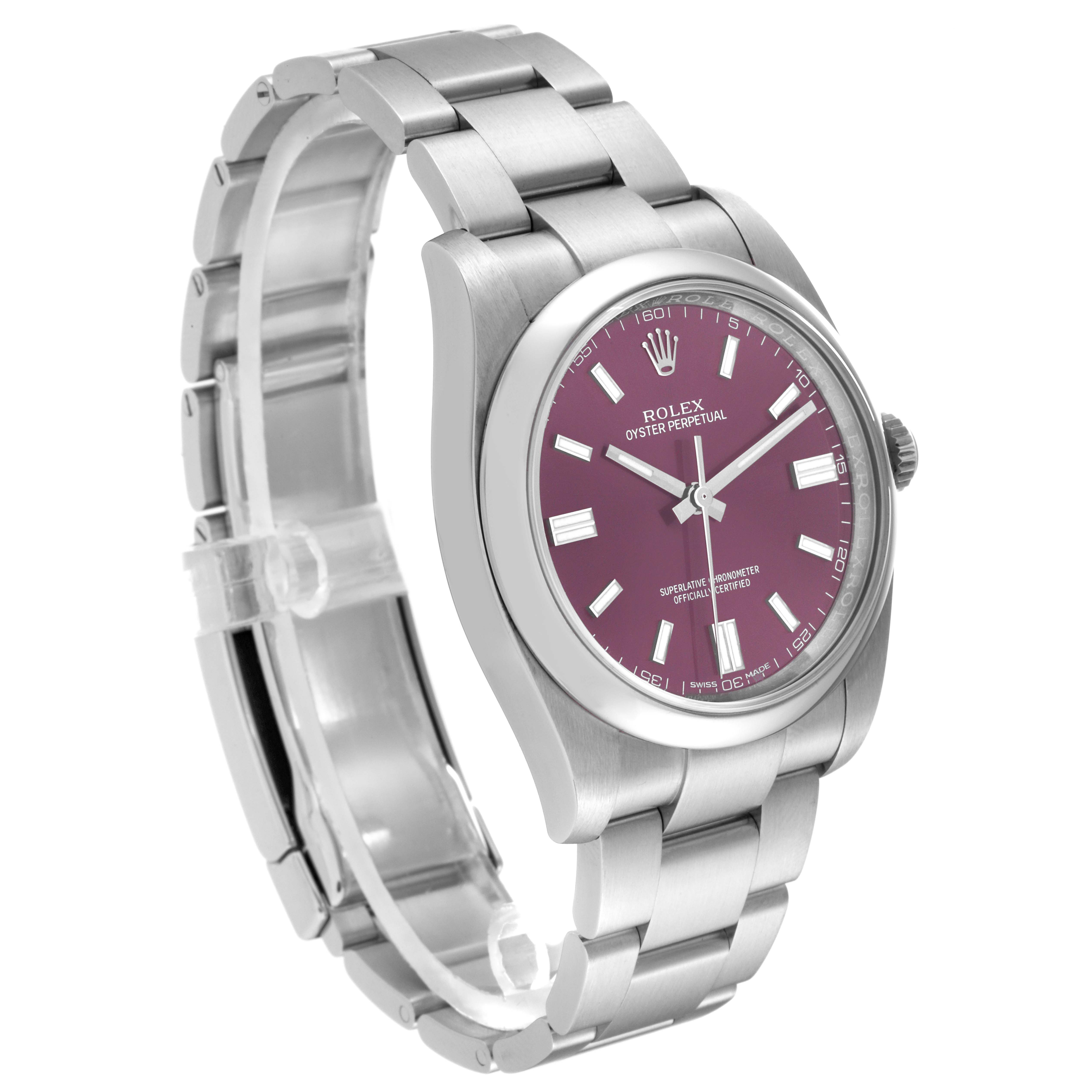 The image shows a side view of the Rolex Oyster Perpetual 116000 Men's Stainless Steel Purple Dial 116000 Men's Stainless Steel Purple Dial watch with a purple dial, showcasing the face, case, and part of the bracelet.