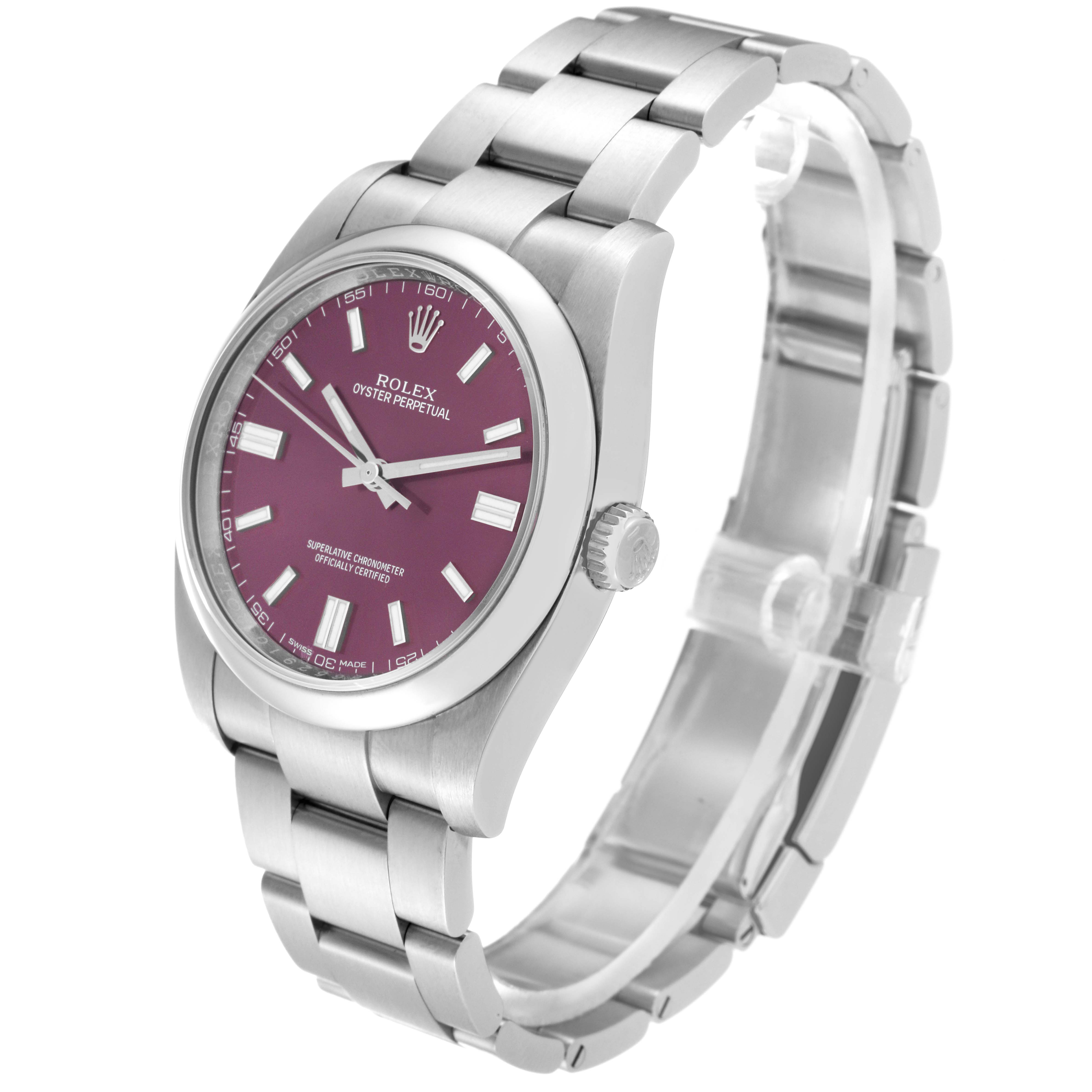 This image shows the Rolex Oyster Perpetual 116000 Men's Stainless Steel Purple Dial 116000 Men's Stainless Steel Purple Dial watch from a front angle, displaying its face, bezel, and bracelet.