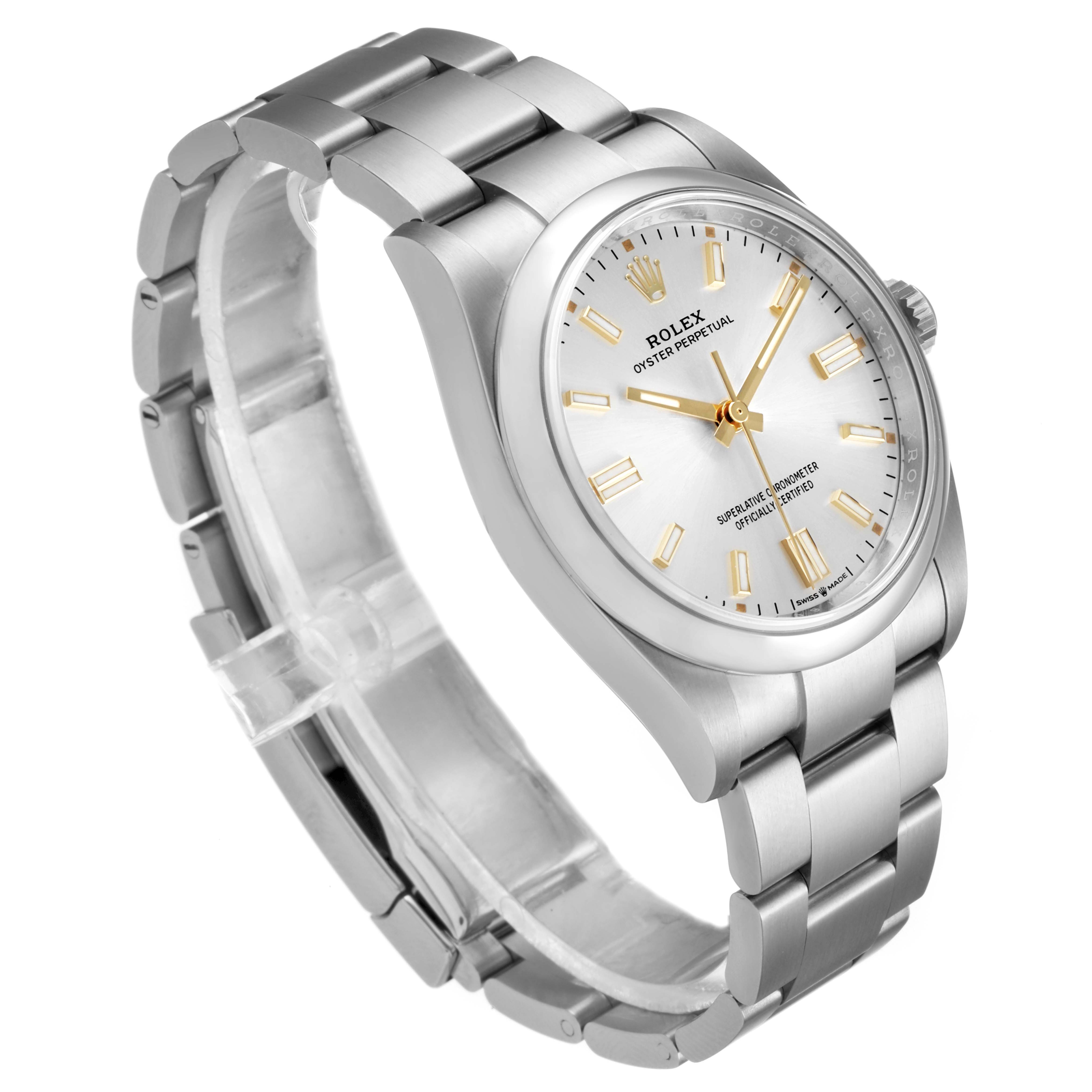 The image shows a Rolex Oyster Perpetual 126000 Men's Stainless Steel Silver Dial 126000 Men's Stainless Steel Silver Dial watch from an angle highlighting its face, bezel, and metal bracelet.