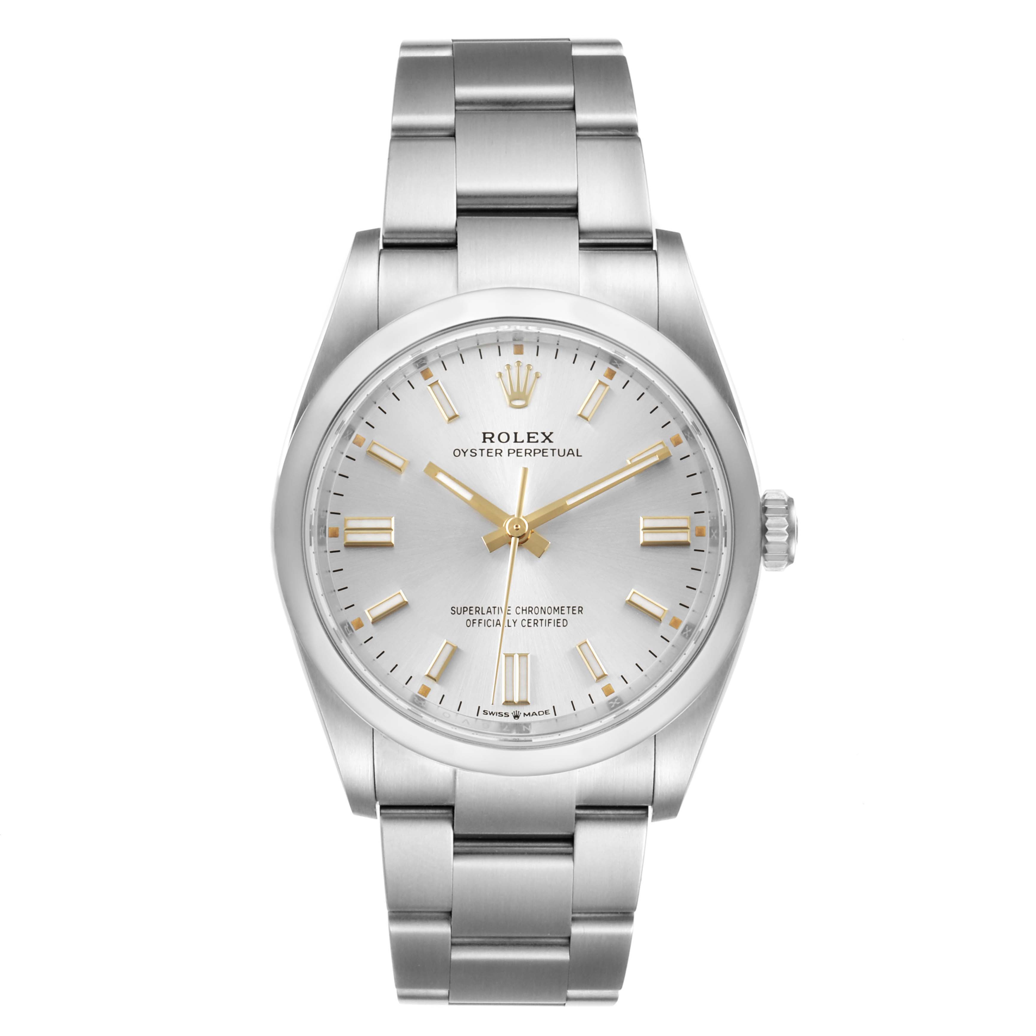 The image shows a front view of a Rolex Oyster Perpetual 126000 Men's Stainless Steel Silver Dial 126000 Men's Stainless Steel Silver Dial watch, displaying its face and bracelet.