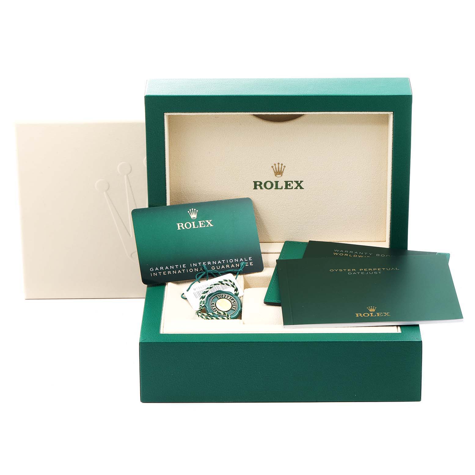 The image shows a Rolex Oyster Perpetual 126000 Men's Stainless Steel Silver Dial 126000 Men's Stainless Steel Silver Dial watch inside its green box, along with warranty cards and booklets.