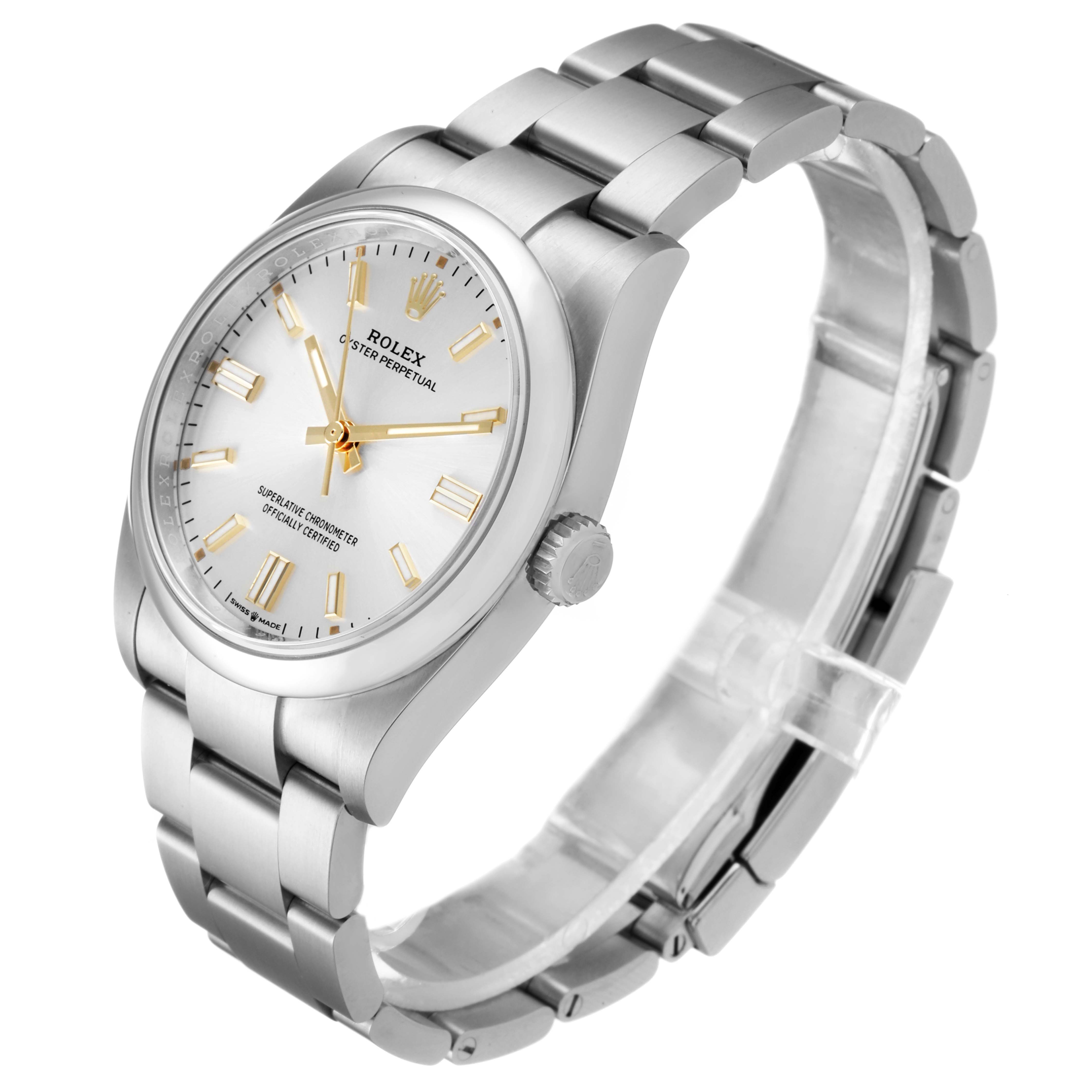 The image shows the Rolex Oyster Perpetual 126000 Men's Stainless Steel Silver Dial 126000 Men's Stainless Steel Silver Dial watch from a 3/4 angle, highlighting its face, crown, and bracelet.