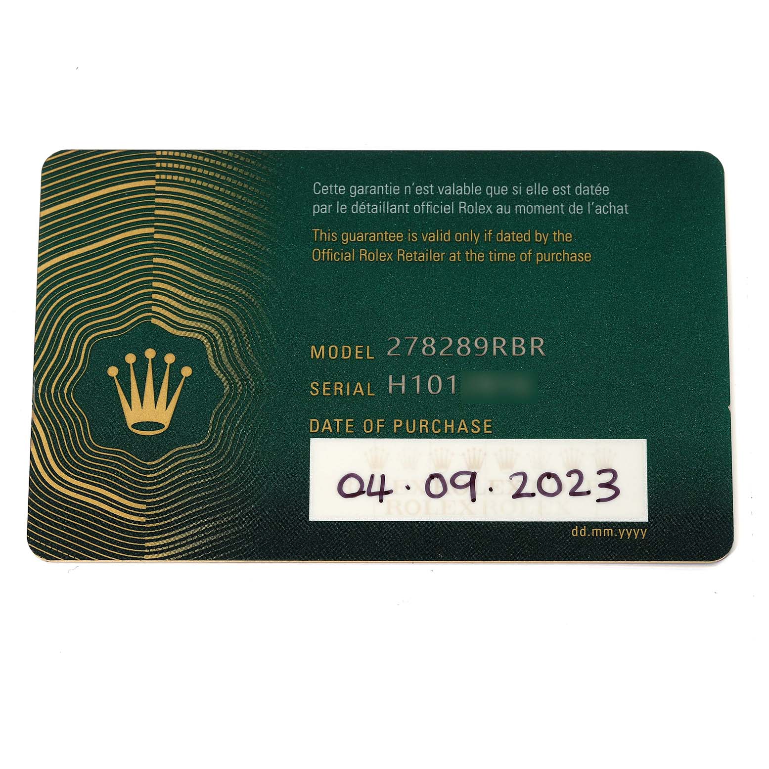 The image shows a Rolex guarantee card for the President model, displaying the model number, serial number, and date of purchase.