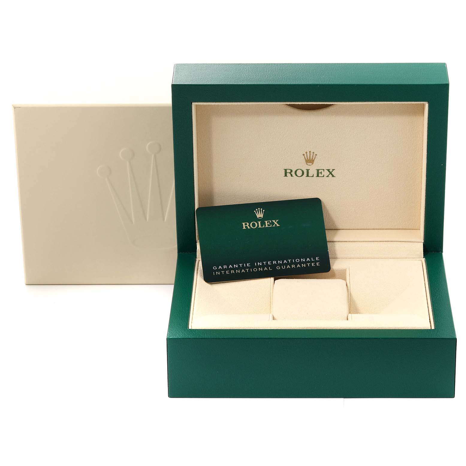 The image shows the open box and international guarantee card for a Rolex President 278289 Women's White Gold Mother of Pearl Dial 278289 Women's White Gold Mother of Pearl Dial model watch.