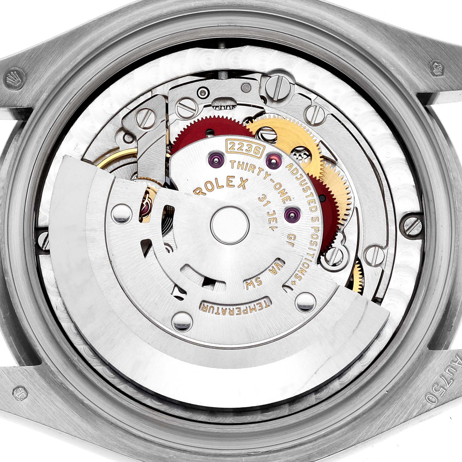 This image shows the open caseback and movement mechanism of a Rolex President 278289 Women's White Gold Mother of Pearl Dial 278289 Women's White Gold Mother of Pearl Dial model watch.