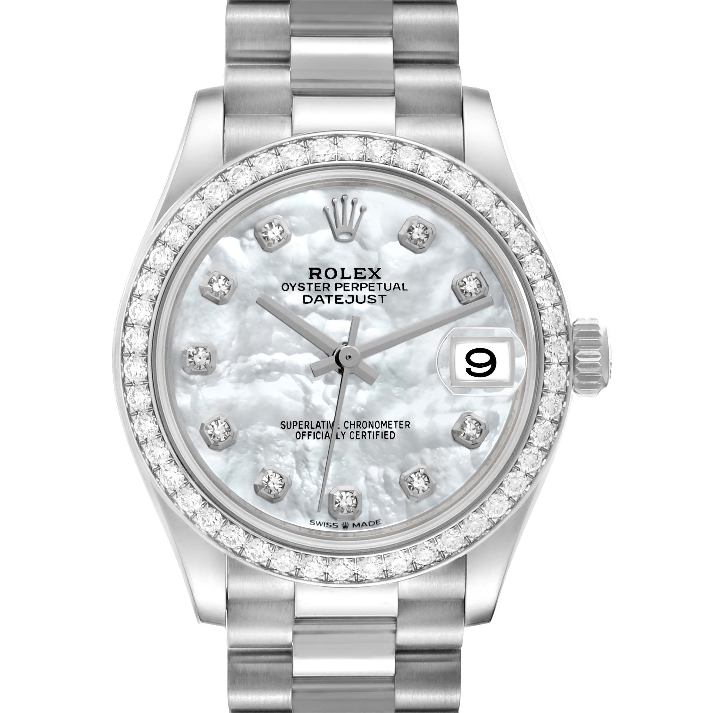 The image shows a front view of a Rolex President 278289 Women's White Gold Mother of Pearl Dial 278289 Women's White Gold Mother of Pearl Dial model watch with a mother-of-pearl dial and diamond bezel.