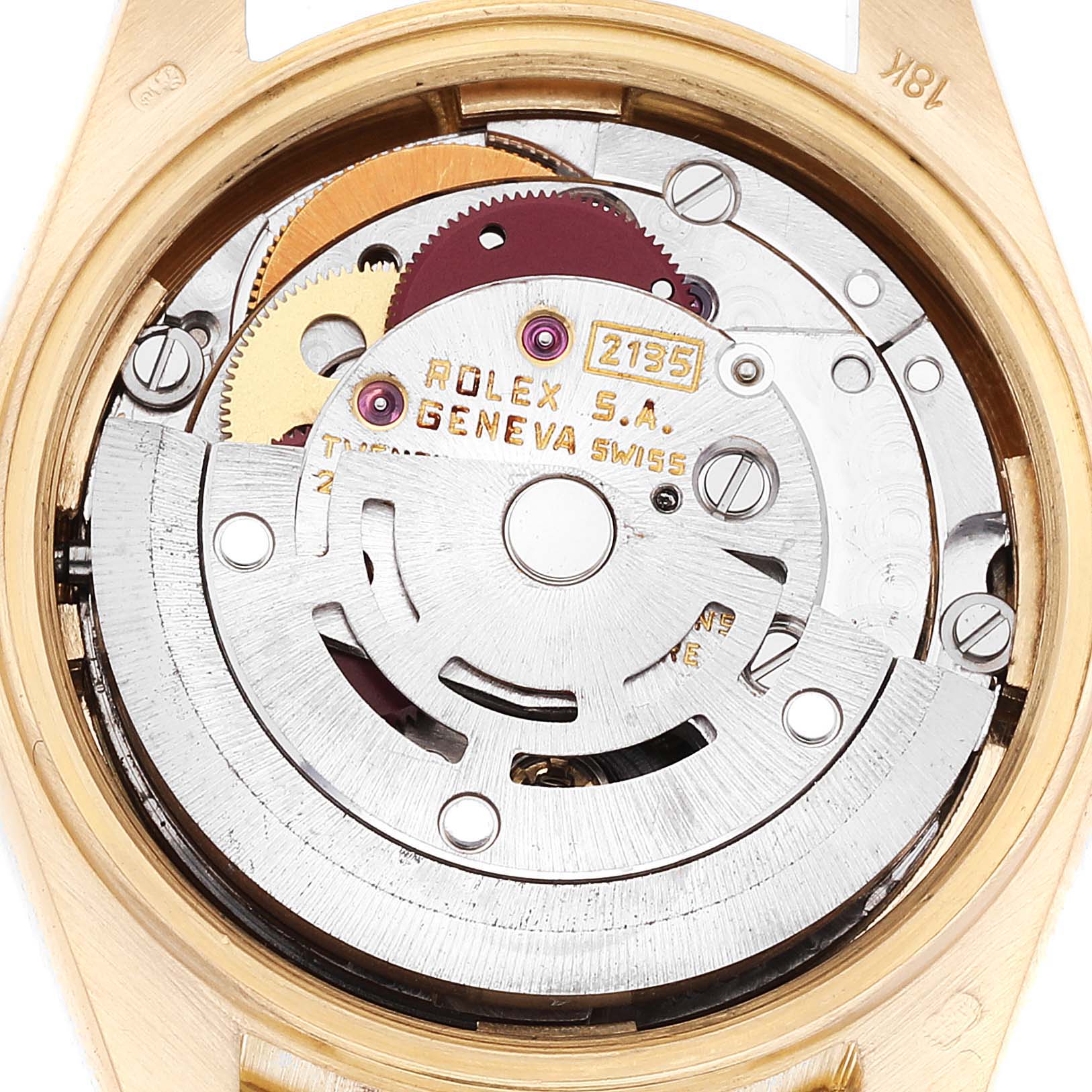 The image shows the intricate internal movement components of a Rolex President 69158 Women
s Yellow Gold Champagne Dial 69158 Women
s Yellow Gold Champagne Dial model watch from a rear angle.
