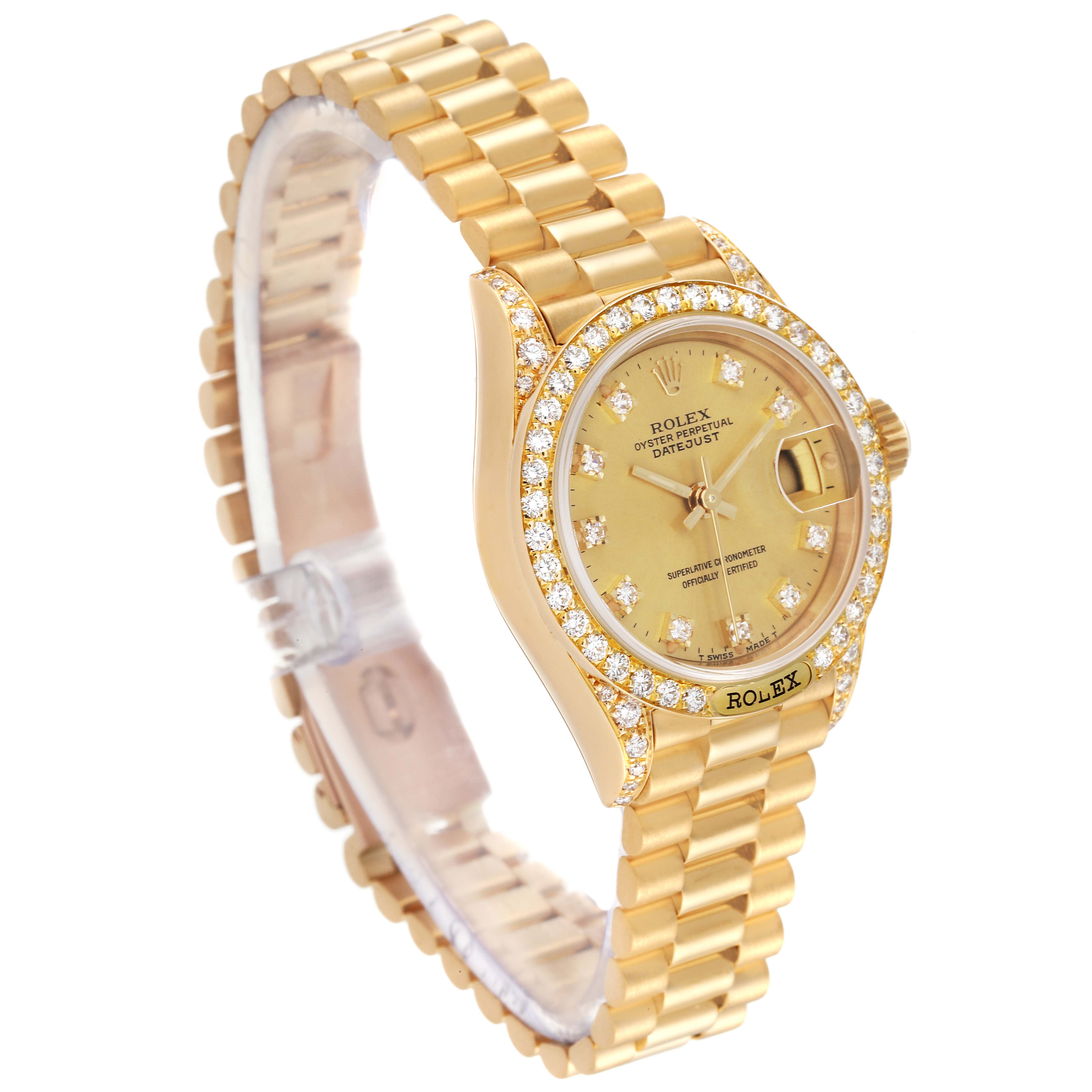 The image shows the front and side angle of a Rolex President 69158 Women
s Yellow Gold Champagne Dial 69158 Women
s Yellow Gold Champagne Dial model wristwatch, highlighting its golden bracelet and diamond-studded bezel.