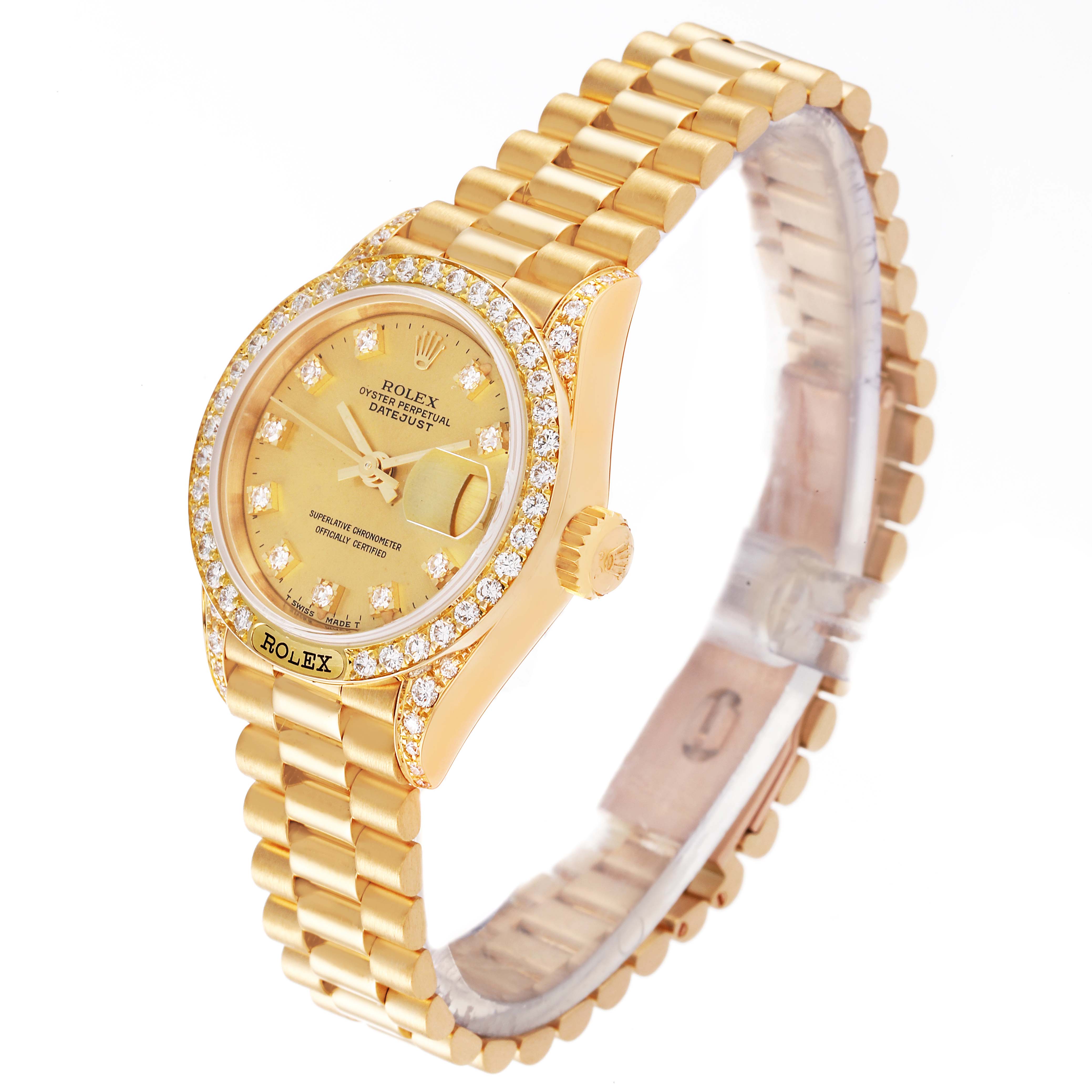 The image shows a side-angle view of a gold Rolex President 69158 Women
s Yellow Gold Champagne Dial 69158 Women
s Yellow Gold Champagne Dial model watch featuring a diamond-studded bezel and bracelet.