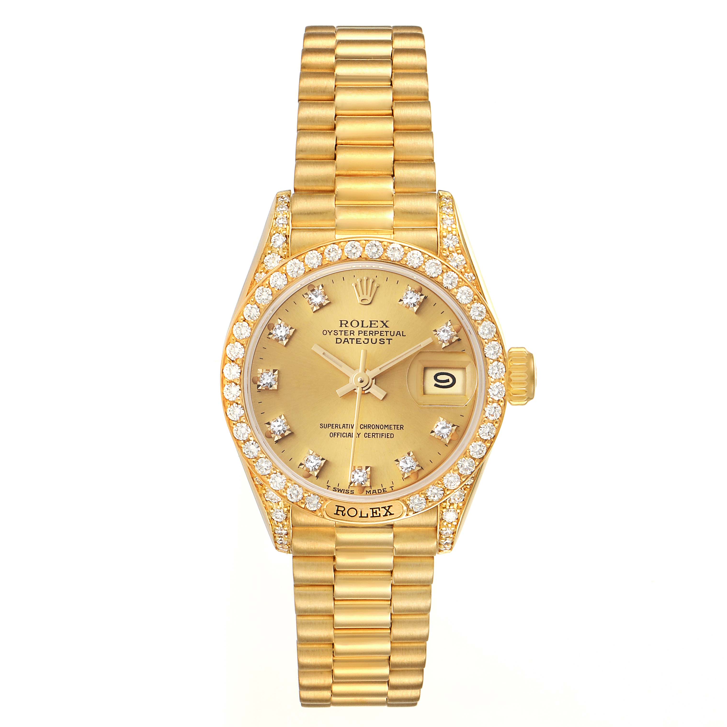 The image shows a front view of a Rolex President 69158 Women
s Yellow Gold Champagne Dial 69158 Women
s Yellow Gold Champagne Dial model watch, displaying its gold dial, diamond bezel, and date function.