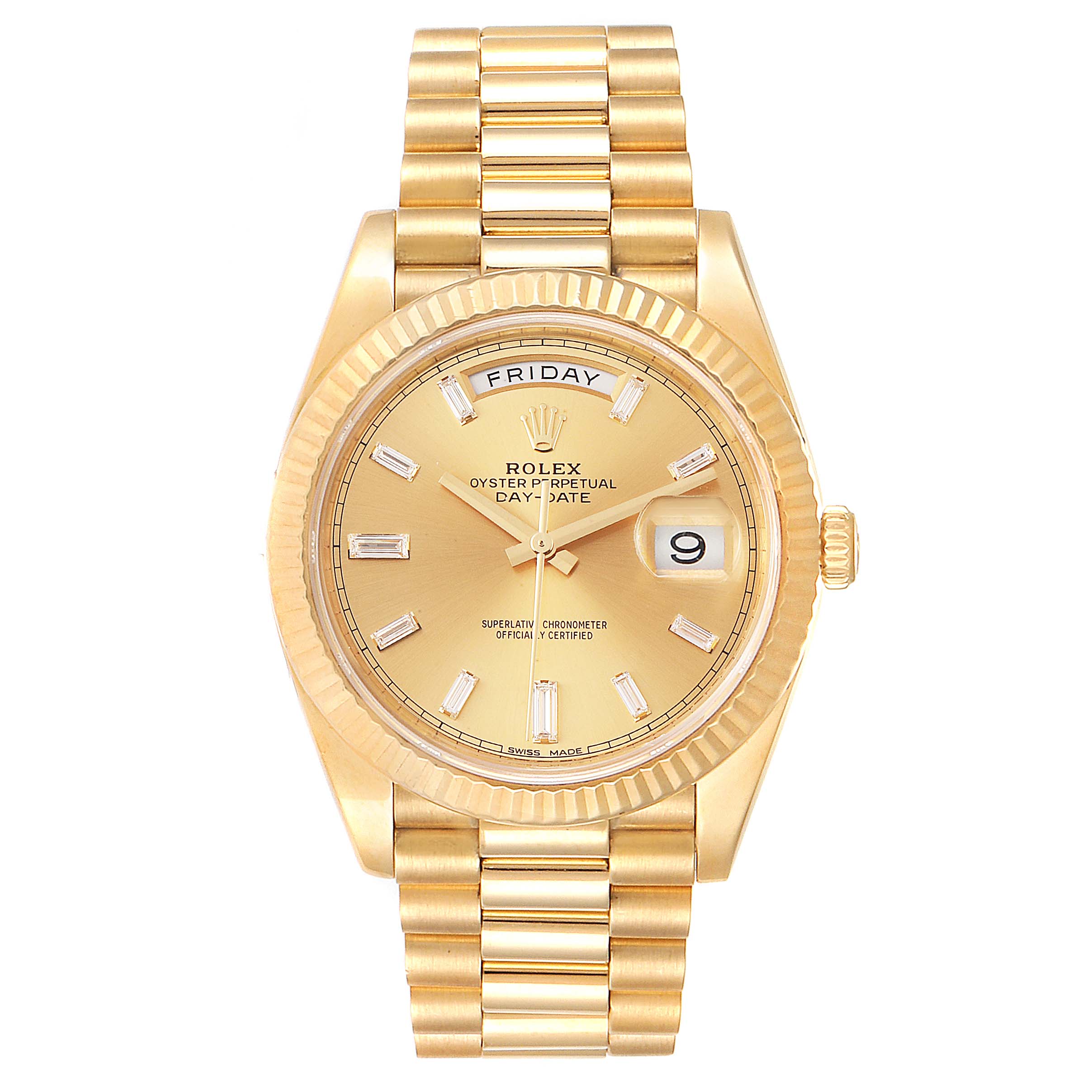 This image shows a front view of a Rolex President 228238 Men's Yellow Gold Champagne Dial 228238 Men's Yellow Gold Champagne Dial model watch, highlighting its dial, bracelet, and crown.
