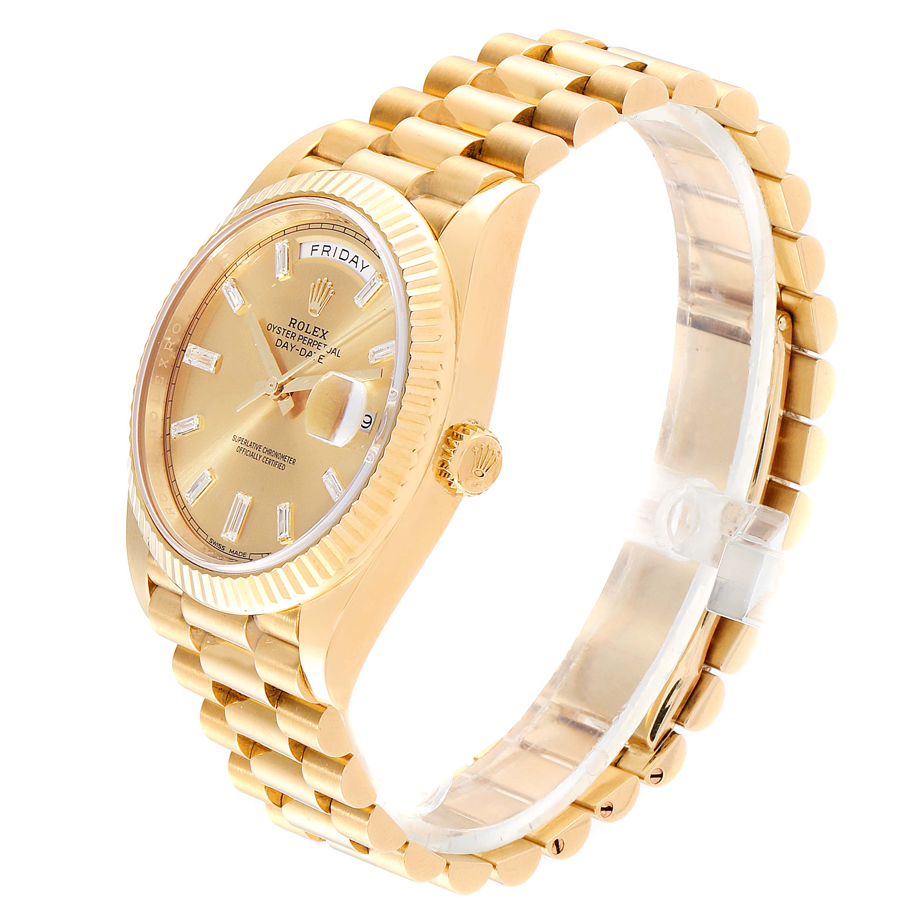 The image shows a side angle of the Rolex President 228238 Men's Yellow Gold Champagne Dial 228238 Men's Yellow Gold Champagne Dial model watch, displaying the face, bracelet, case, and crown.
