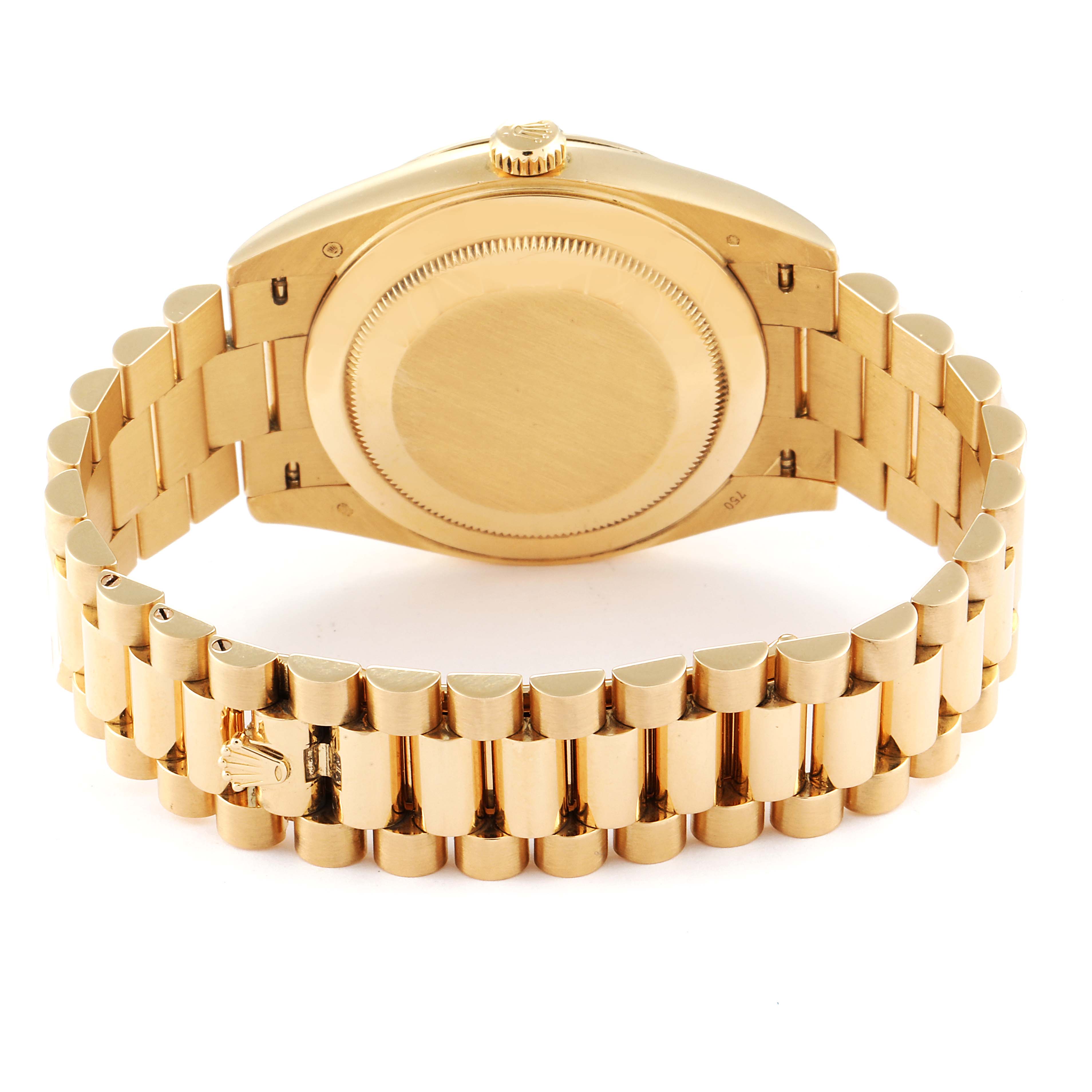 The image displays the rear view of a Rolex President 228238 Men's Yellow Gold Champagne Dial 228238 Men's Yellow Gold Champagne Dial model watch, showing its back case and the bracelet.