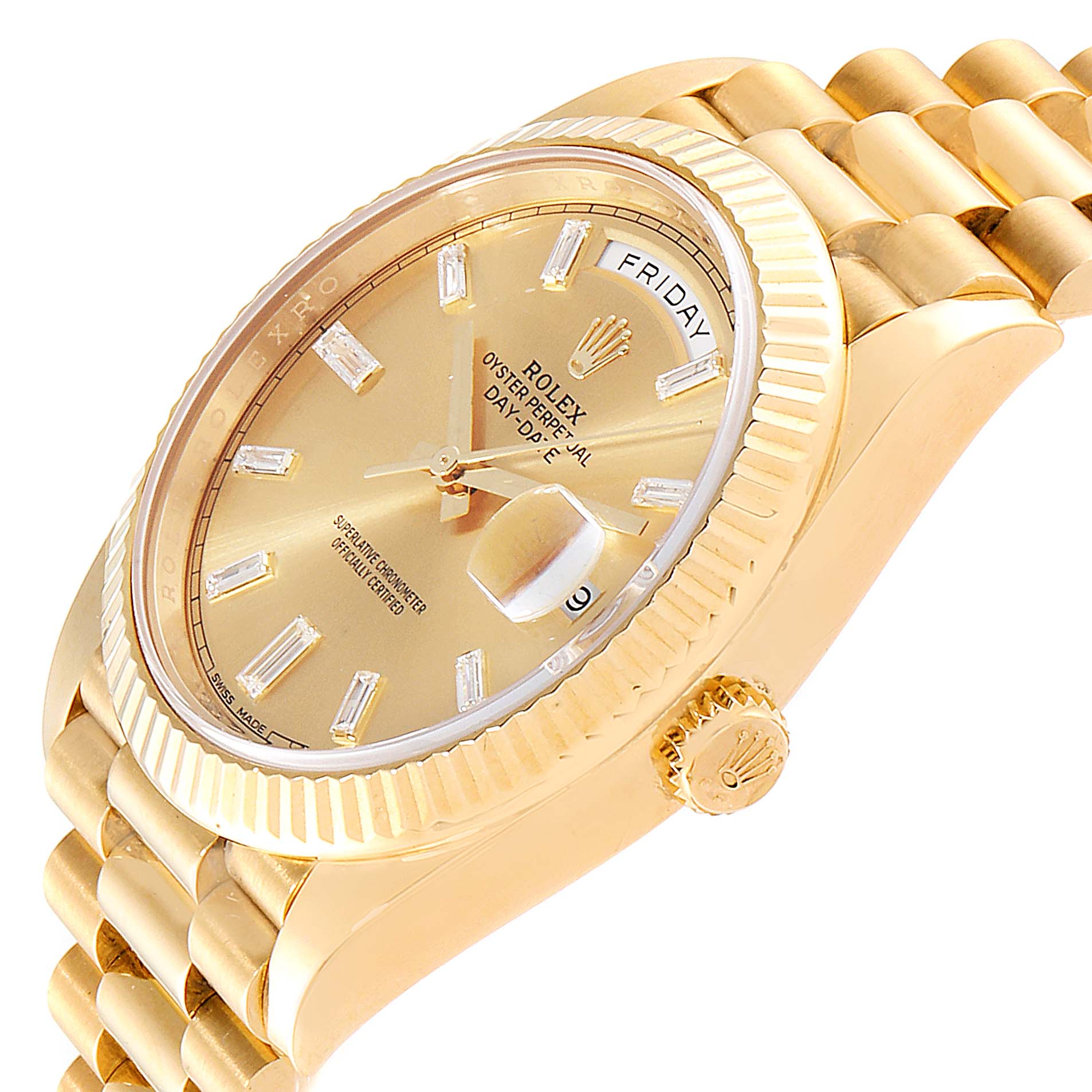 The Rolex President 228238 Men's Yellow Gold Champagne Dial 228238 Men's Yellow Gold Champagne Dial model watch is shown at a slight angle, highlighting the dial, bezel, crown, and part of the bracelet.