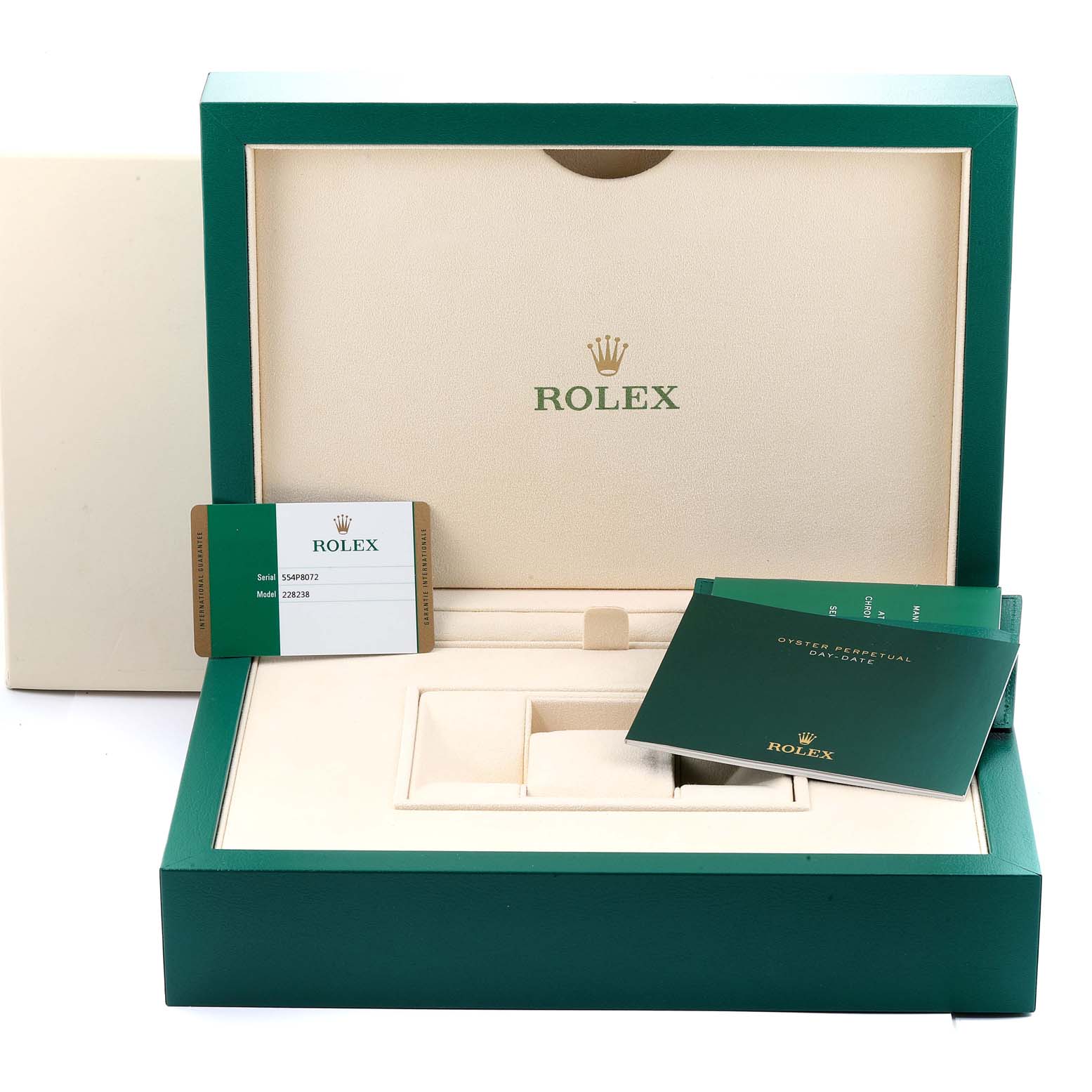The image shows an open box for a Rolex President 228238 Men's Yellow Gold Champagne Dial 228238 Men's Yellow Gold Champagne Dial model watch, along with manuals and a serial/model card.