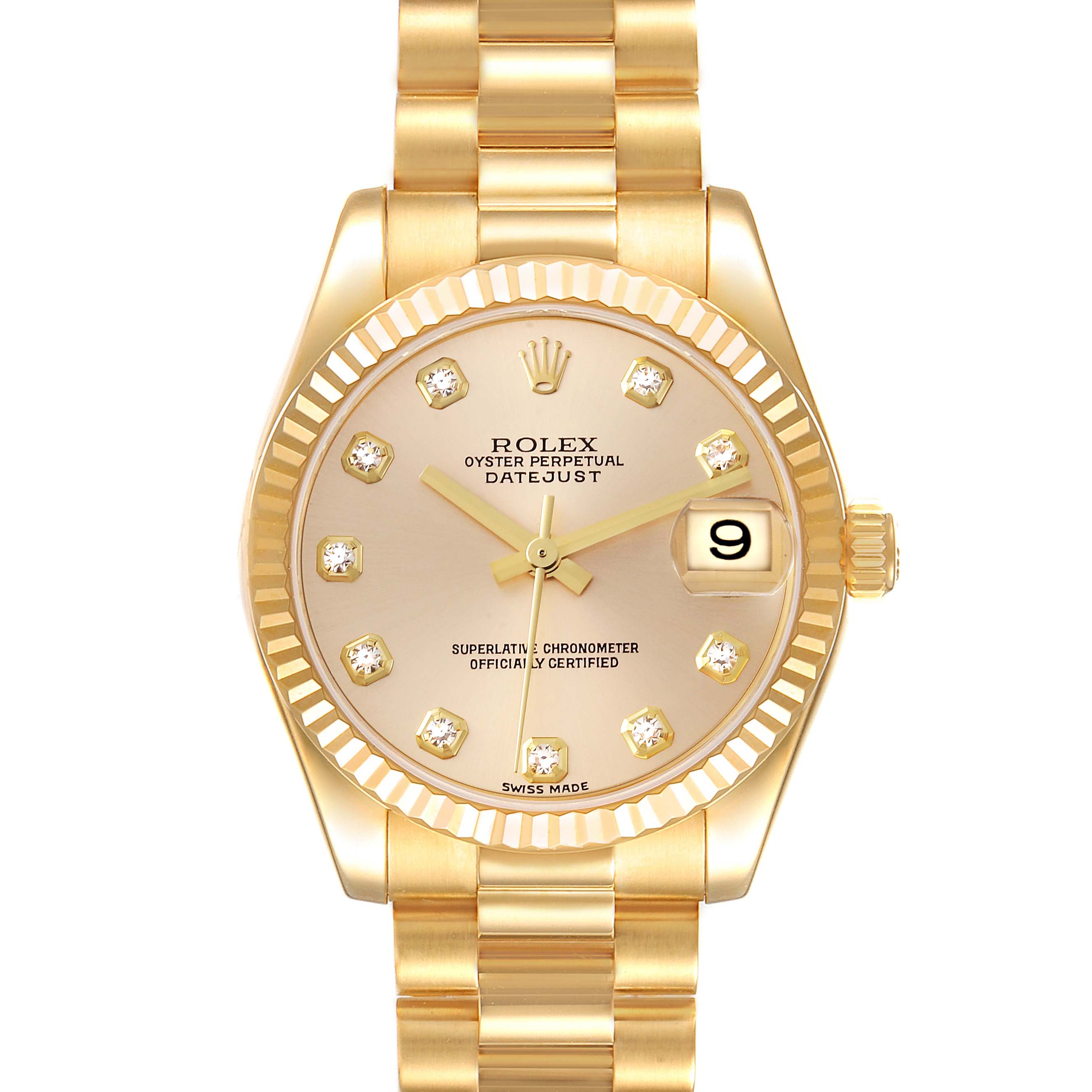 The image shows a front view of a Rolex President 178278 Women
s Yellow Gold Champagne Dial 178278 Women
s Yellow Gold Champagne Dial model watch, highlighting the gold dial, fluted bezel, and date window.