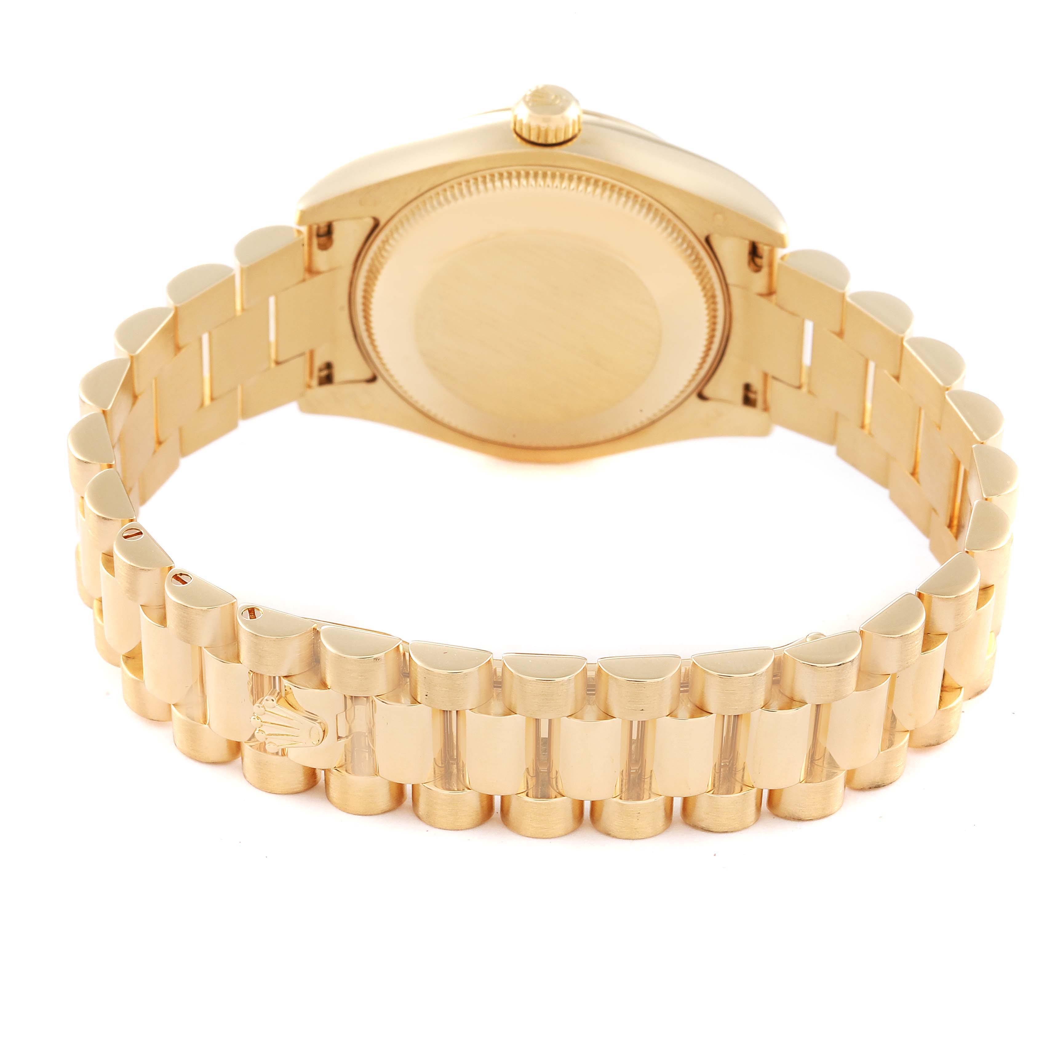 The image shows the rear view of the Rolex President 178278 Women
s Yellow Gold Champagne Dial 178278 Women
s Yellow Gold Champagne Dial watch, highlighting its gold case back, winding crown, and bracelet.